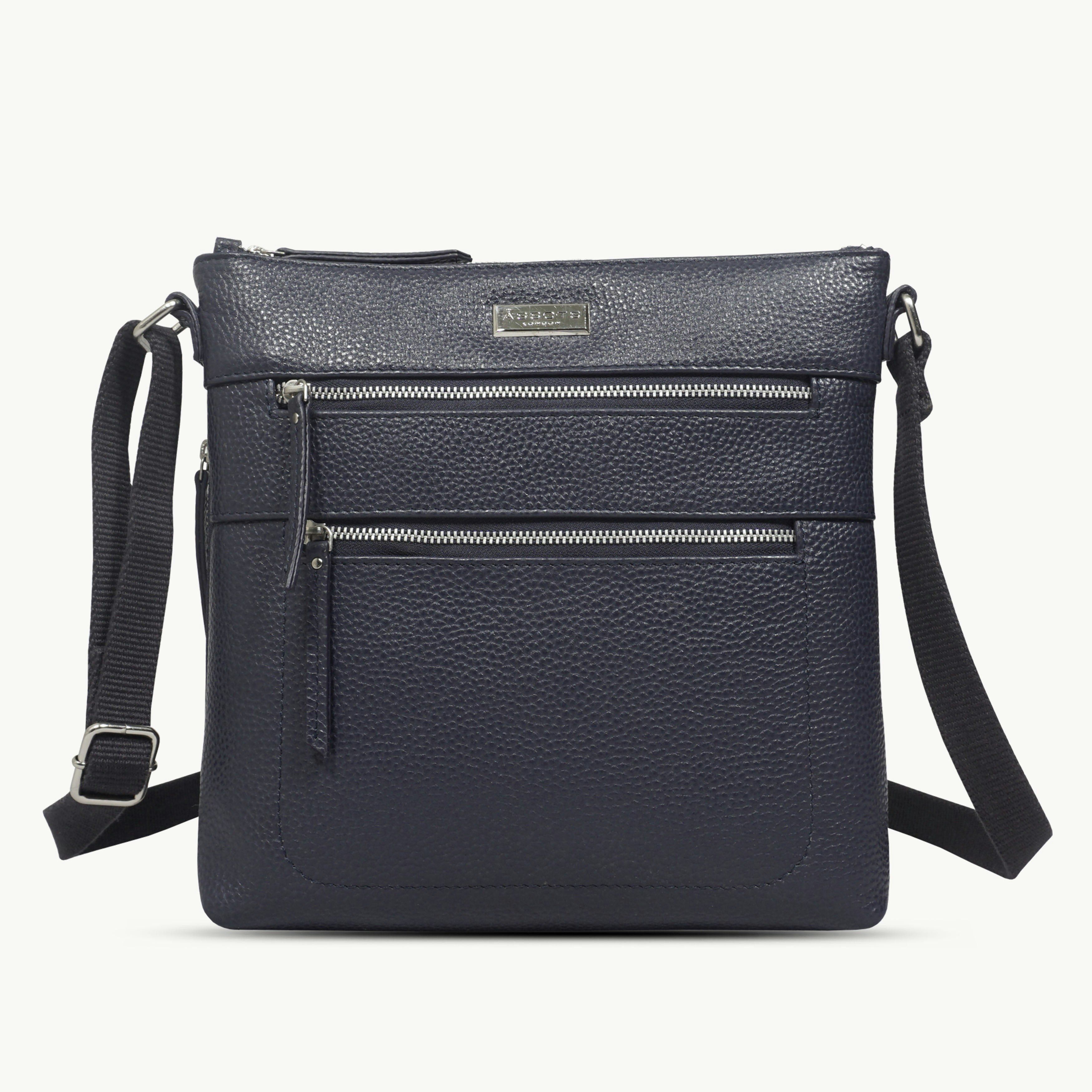 Assots London Grain 'Cori' Navy Pebble Real Leather Crossbody Bag