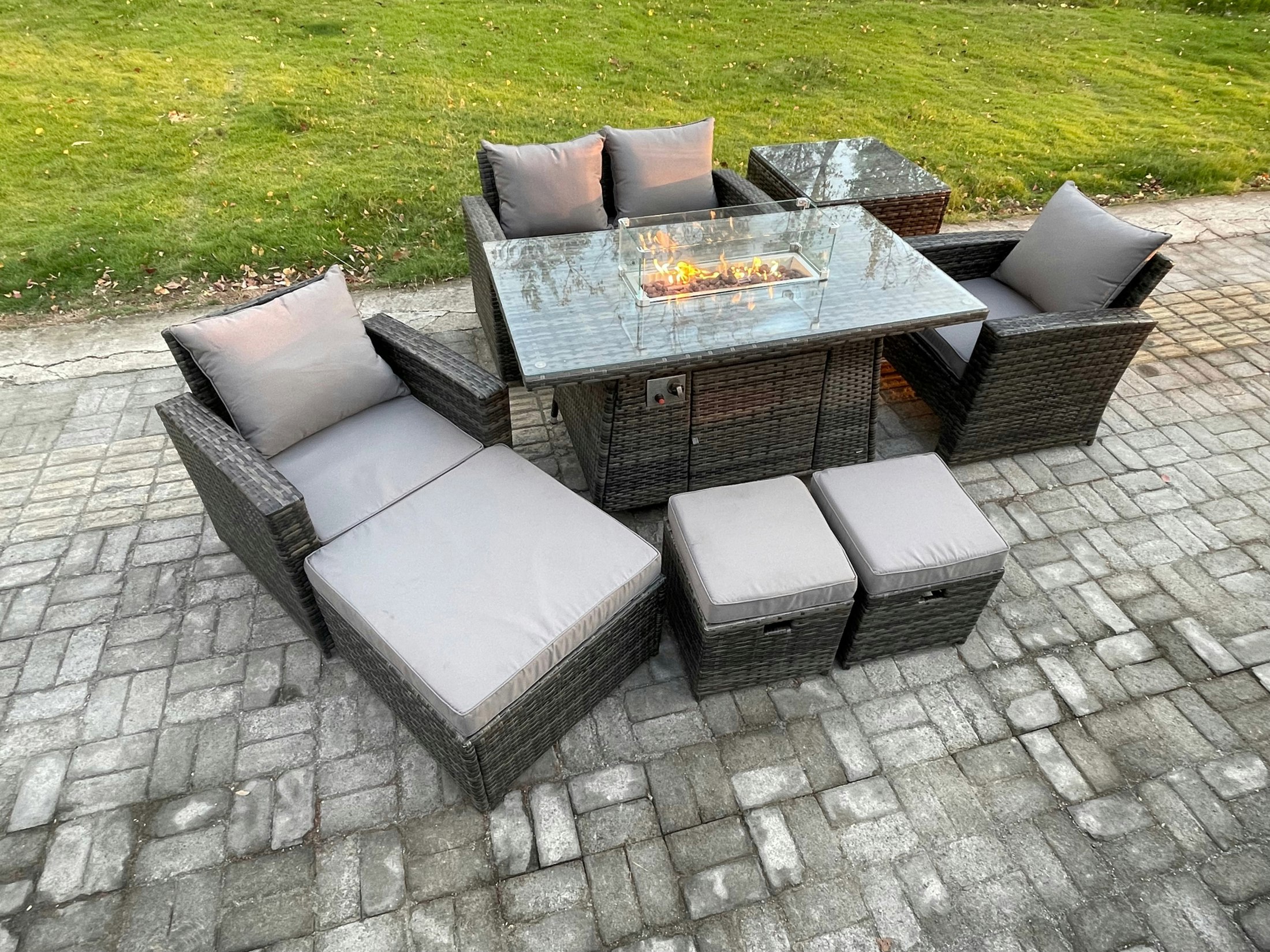 Rackhams Dark/Grey 7 Seater?Outdoor Rattan Sofa Set Garden Furniture Gas Fire Pit Dining Table Heater With 3 Footstools Side Table Mixed