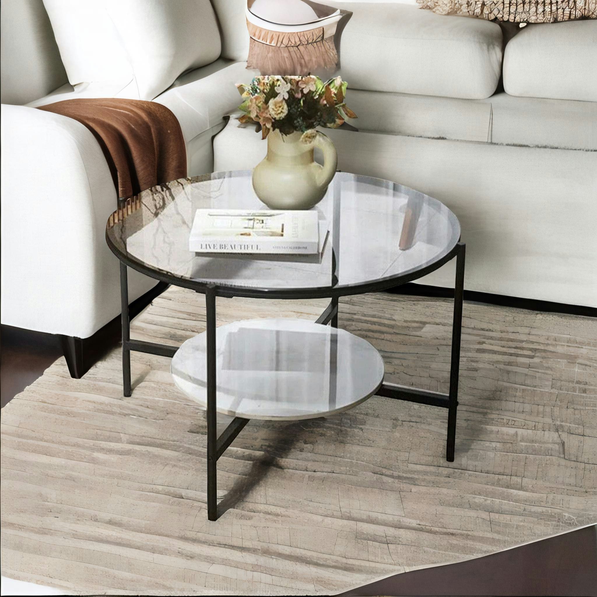 Rafaelo Mobilia Black 2 Tier Round Faux Marble Glass Coffee Table Heavy Duty