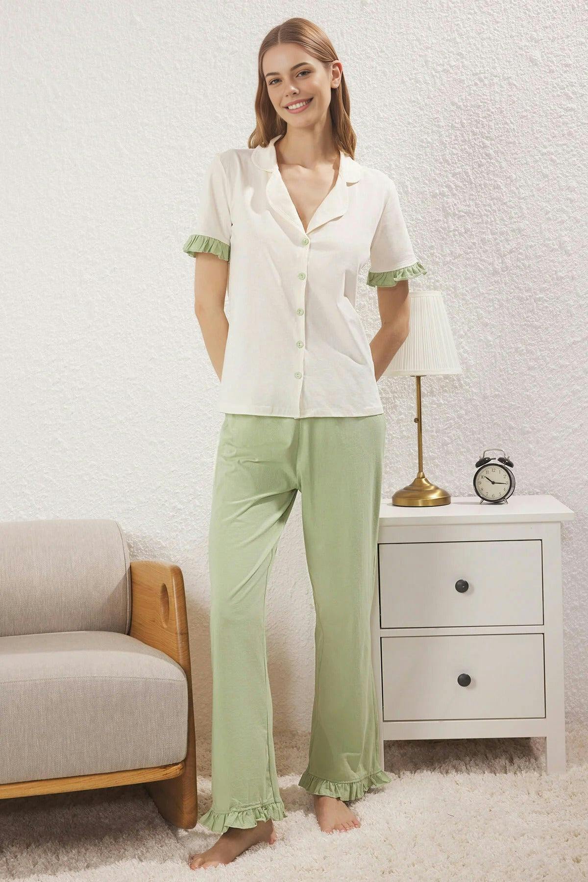 Wovcor 2-Piece 100% Cotton Ruffle Detail Knitted Pajama Set - Multi - Xl