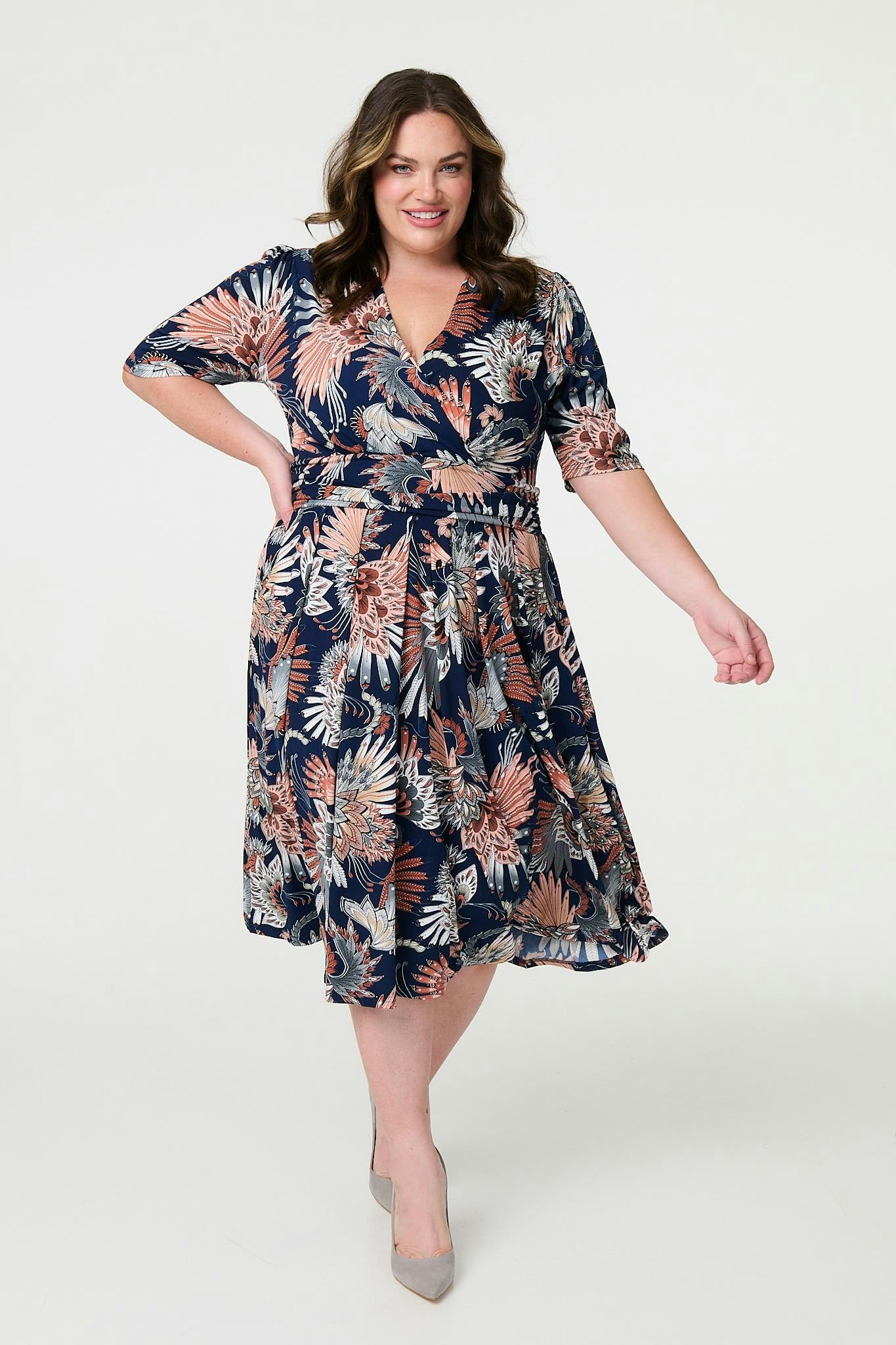 Izabel London Tropical Print 1/2 Sleeve Midi Wrap Dress - Navy - 10