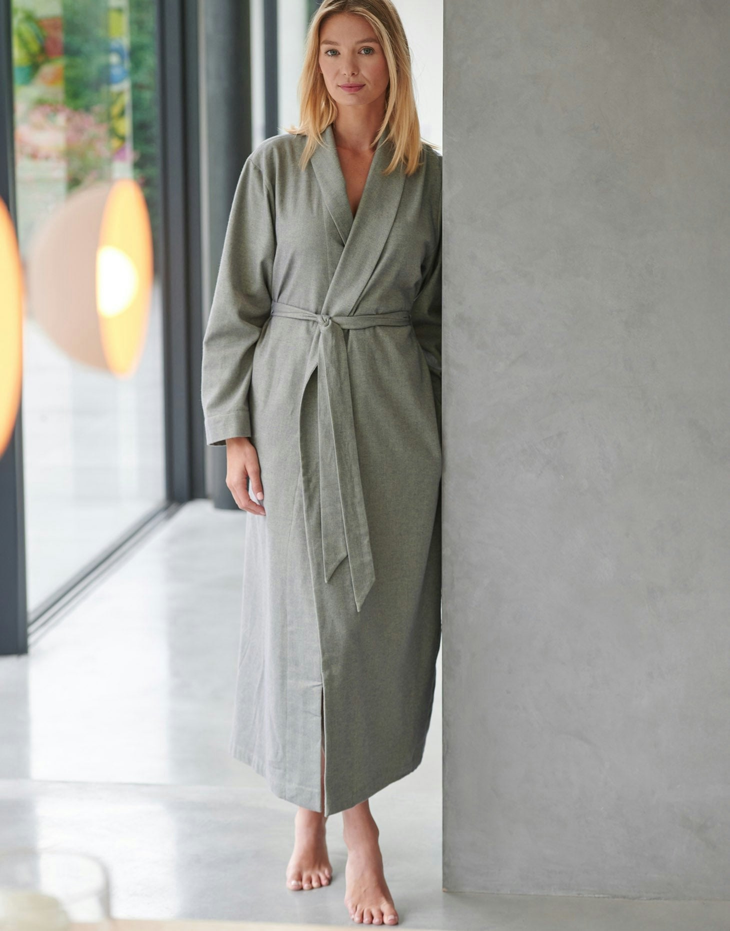 British Boxers Women's Grey/Green Brushed Cotton Dressing Gown – Orkney Herringbone - Small