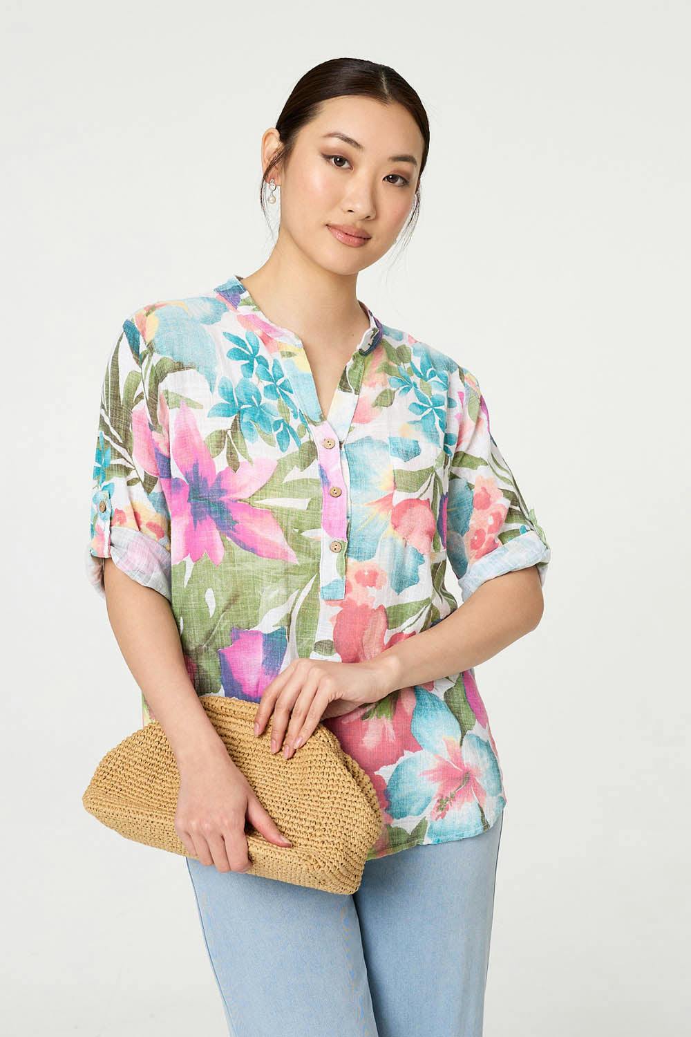 Izabel London White Floral Turn-Up Sleeve Relaxed Blouse - 12