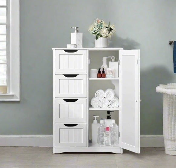 Modcraft White Bathroom Floor Cabinet Wooden Freestanding Storage With 4 Drawers & 1 Door Adjustable Shelf –