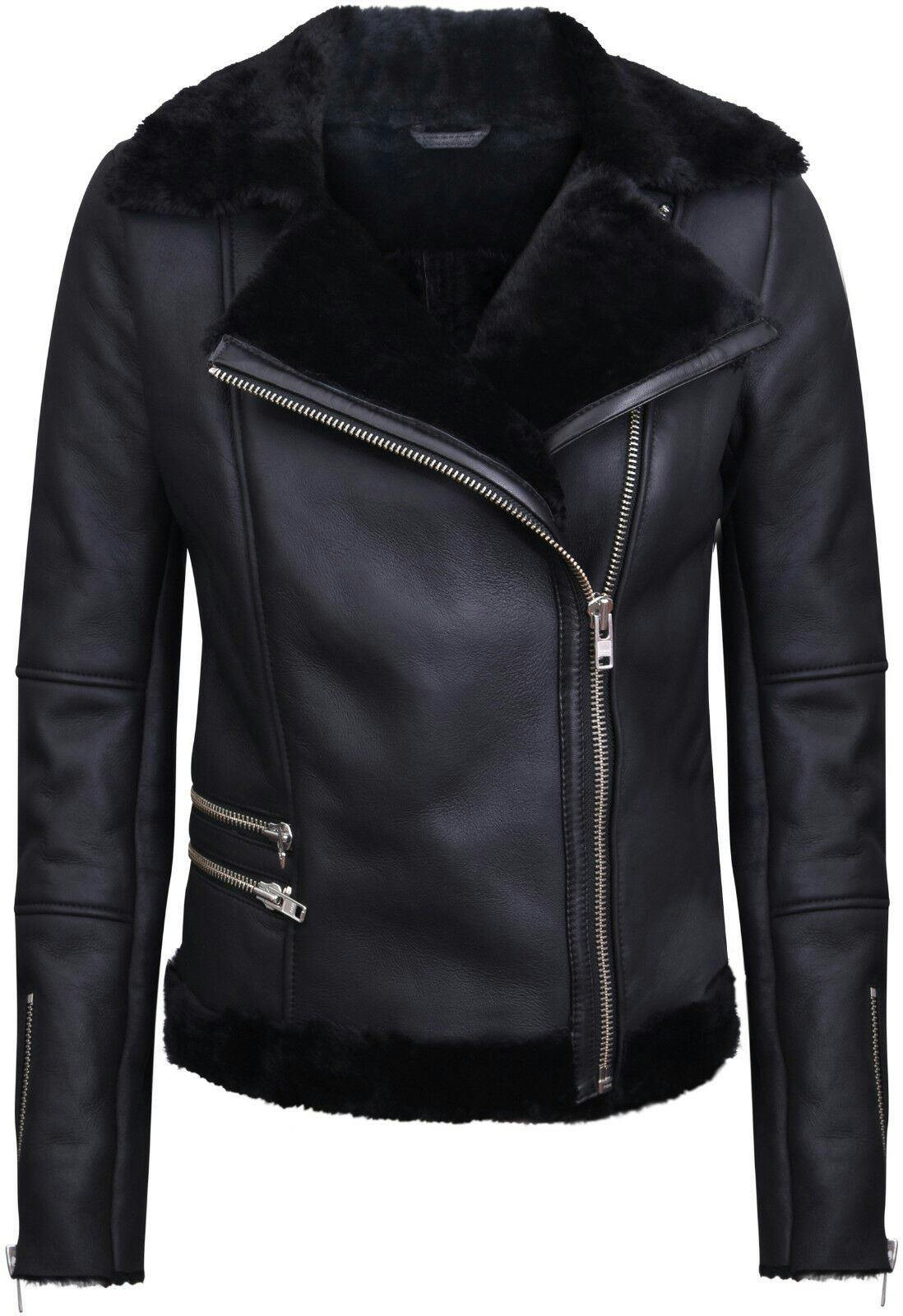 Infinity Leather Women's Black Shearling Sheepskin Aviator Jacket-Kiev - Uk 4XL/22 | Eu 48 | Us 18