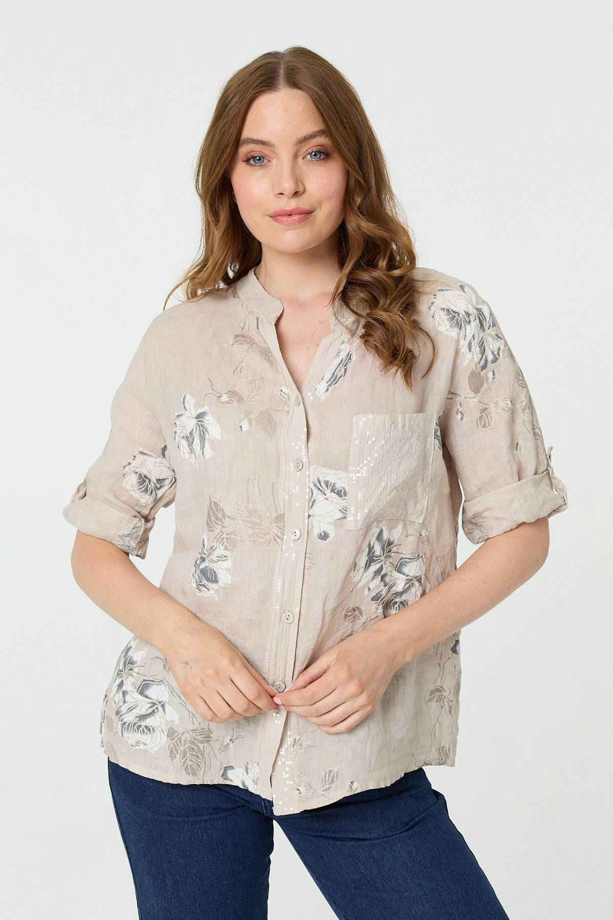 Izabel London Beige Floral 3/4 Turn-Up Sleeve Blouse - 8
