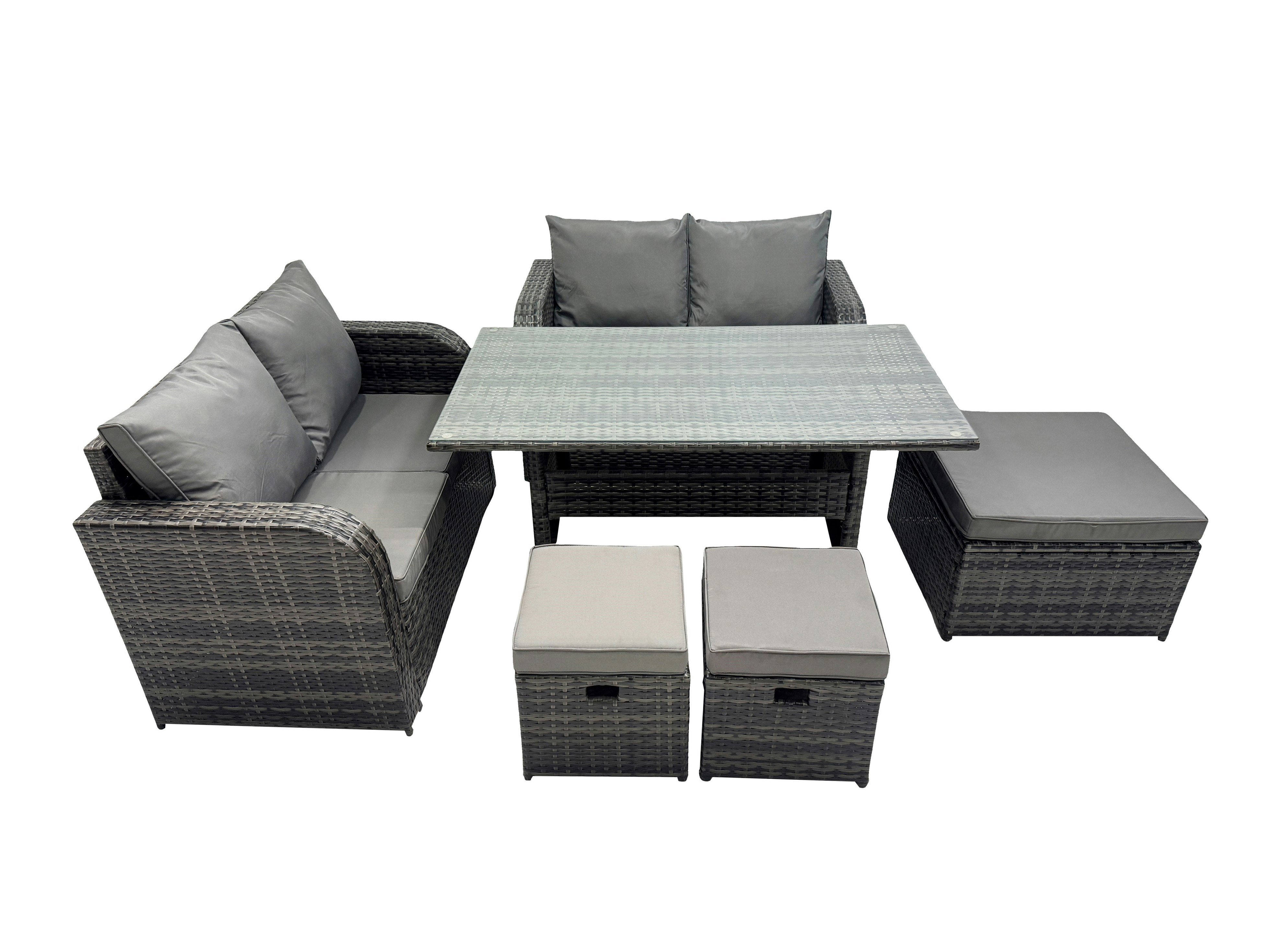 Rackhams Dark/Grey Wicker Pe Rattan Garden Outdoor Furniture Set Love Sofa Dining Table Sets With 3 Stools Mixed
