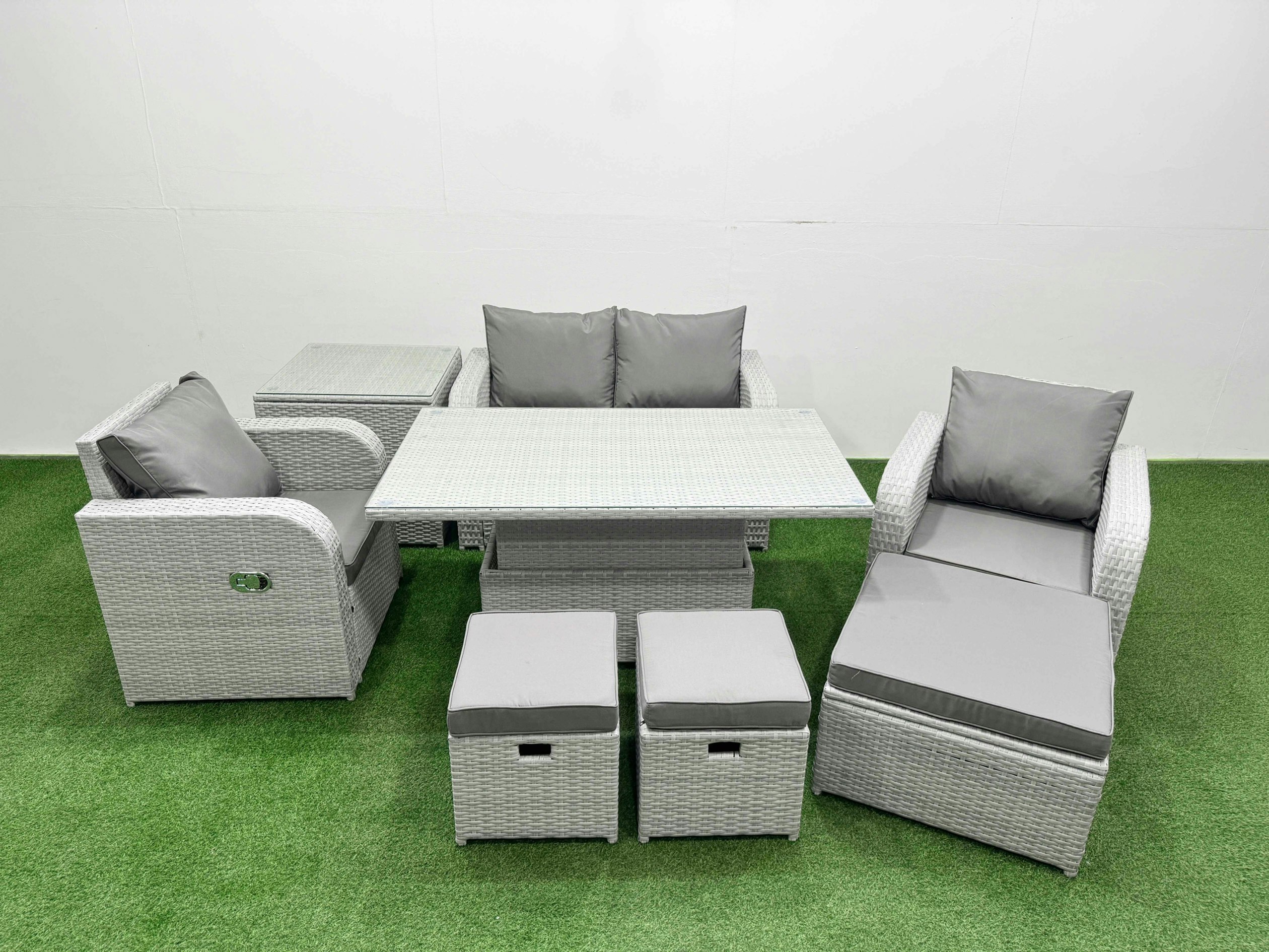 Fimous Light/Grey 7 Seater Pe Wicker Rattan Sofa Set - Reclining Chair, Adjustable Lifting Dining/Coffee Table & 3 Stools