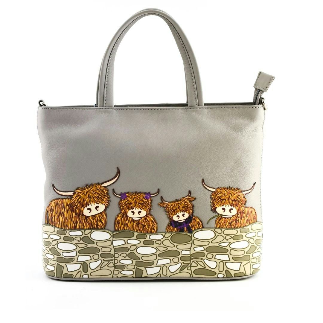 Mala Leather Grey Bella Highland Cow Family Leather Multiway Grab Bag