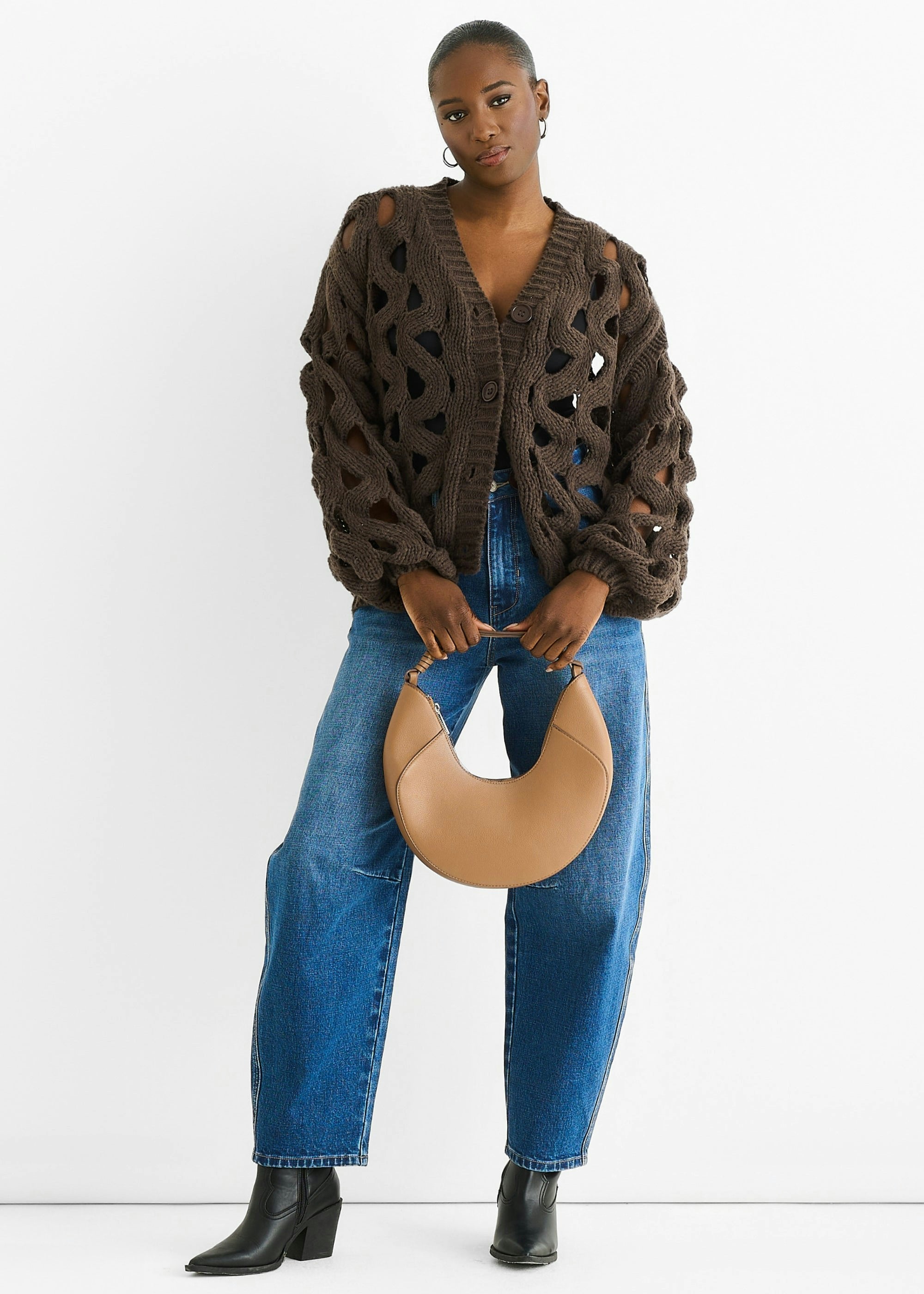 Gini London Chocolate Hollow Chunky Knit Cardigan - S-M (Uk 8-10/Us 4-6/Eu 36-38)