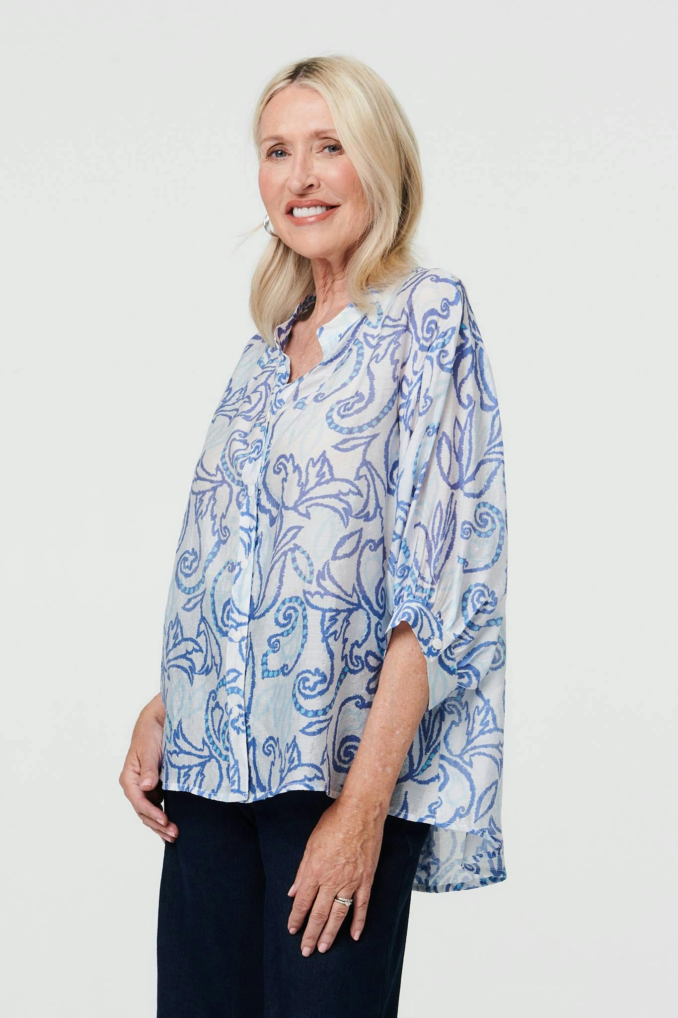 Izabel London Blue Printed Relaxed 3/4 Sleeve V-Neck Blouse - 10