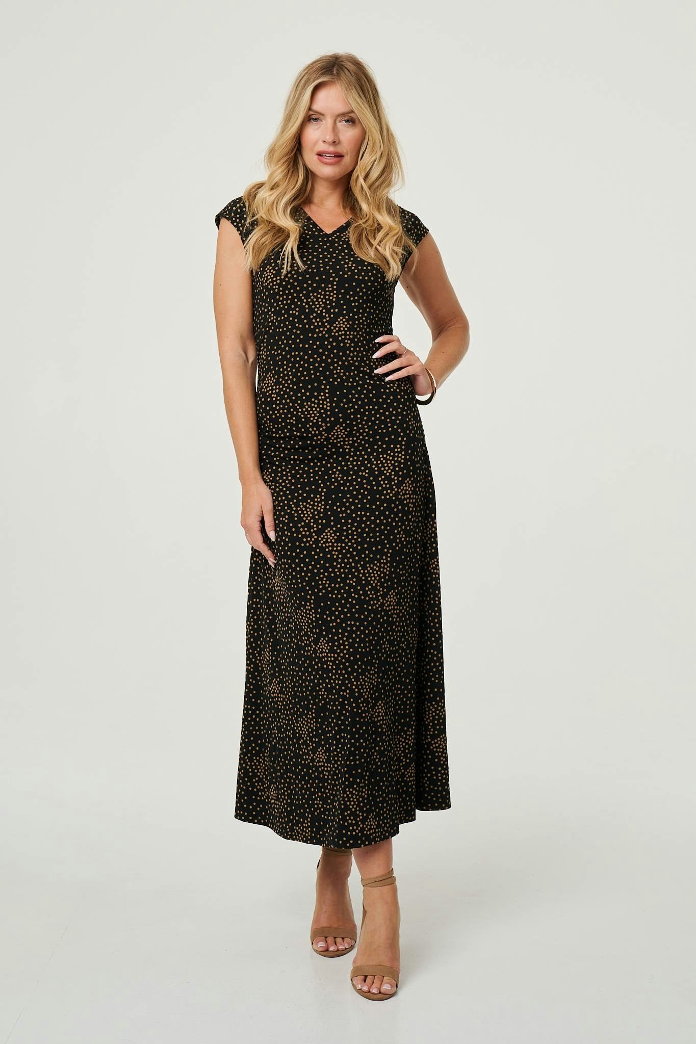 Izabel London Black Polka Dot Cap Sleeve A-Line Maxi Dress - 10