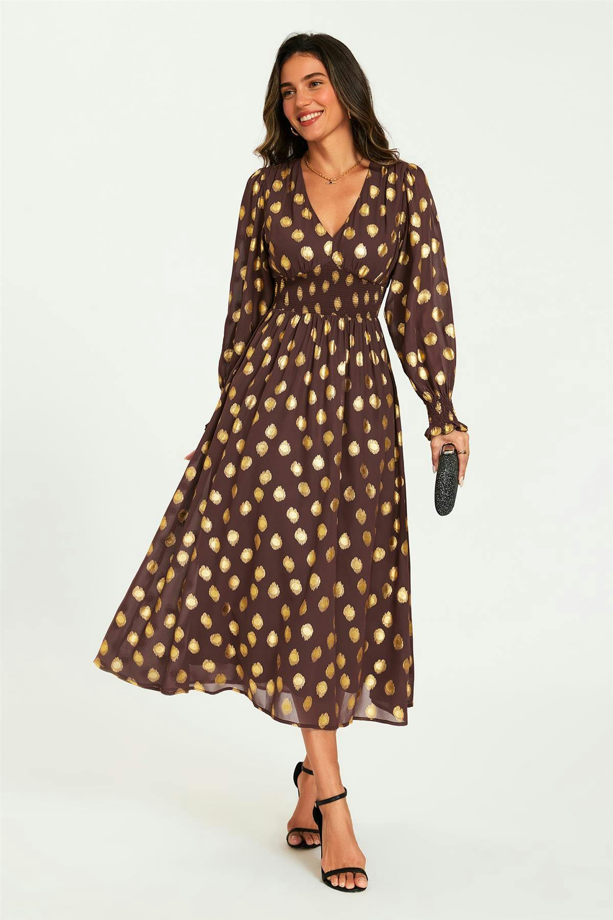 Fs Collection Gold/Brown Foil Long Sleeve Maxi Dress In - Xs