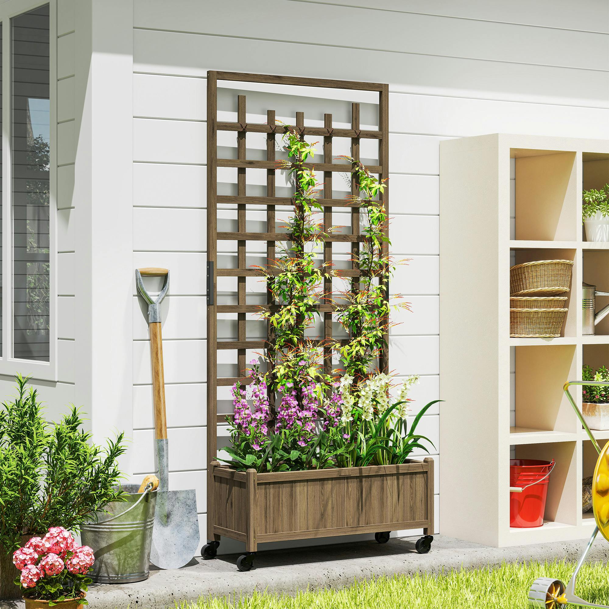 Rackhams Brown Wooden Trellis Planter, Raised Garden Bed With Wheels, - Fir Wood - 82.5L X 35W X 186H