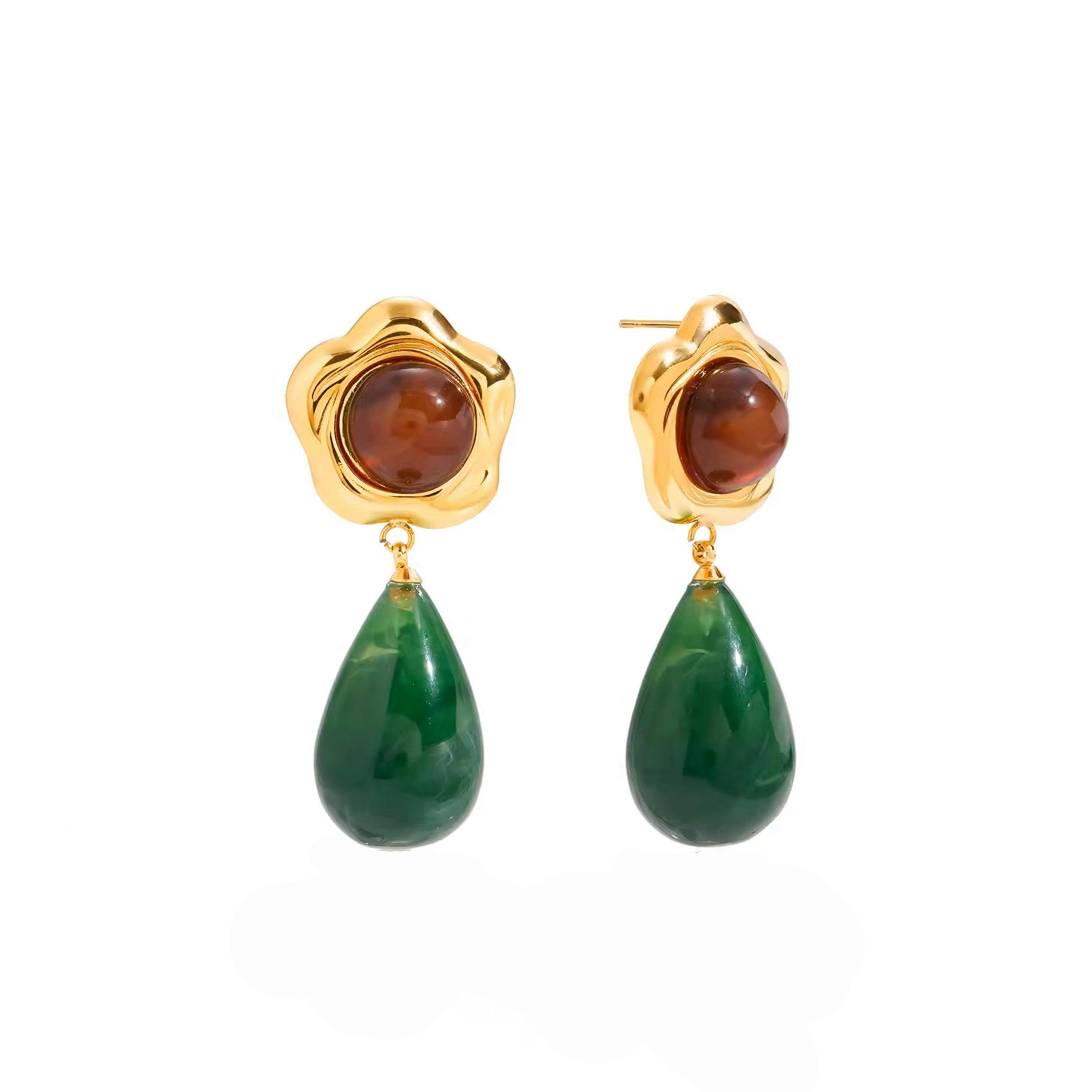 Luxe Tones Gold/Green Thalia 18Ct Plated Tear Drop Earrings