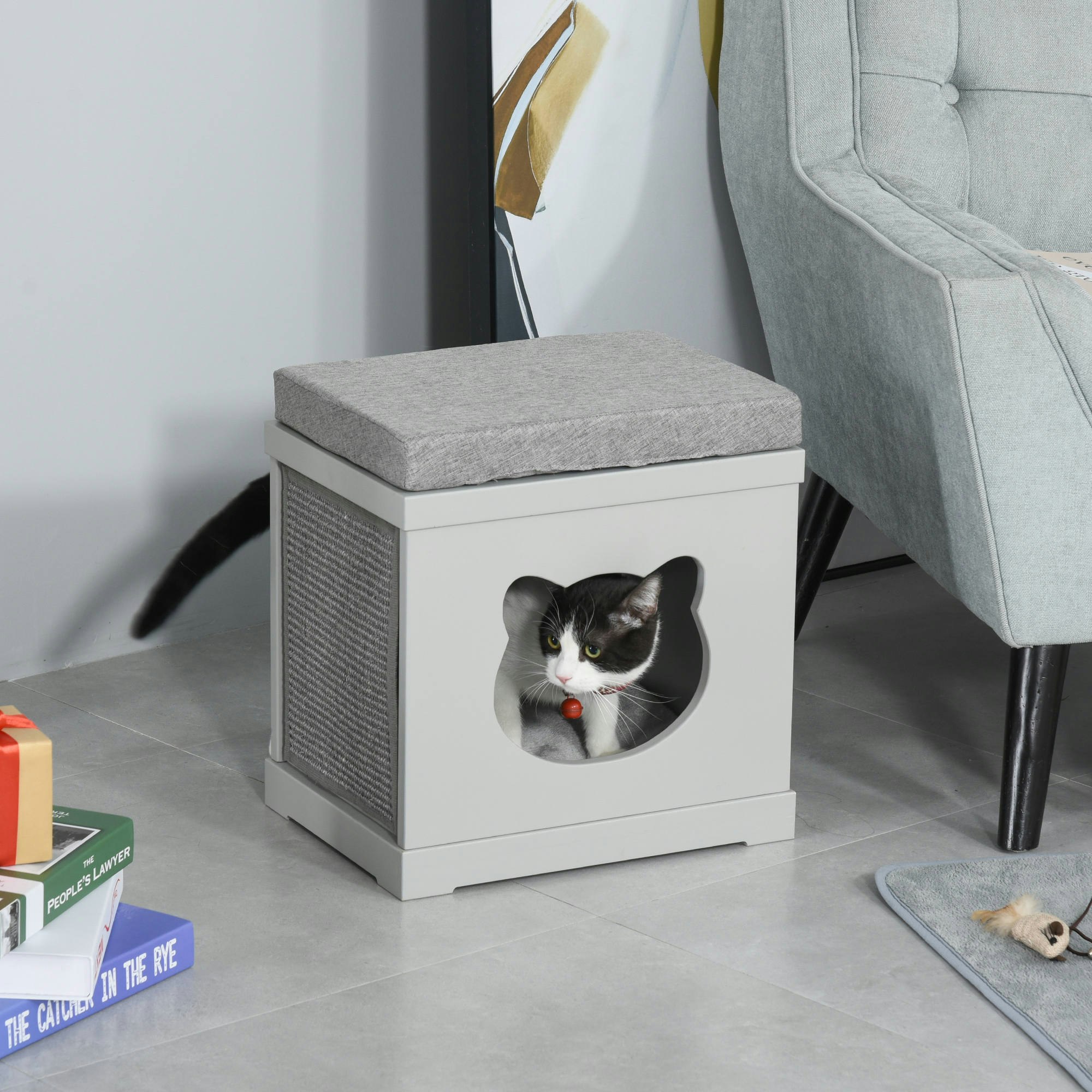 Pawhut Grey Cat House Bed Kitten Cave Cube Indoor W/ Soft Cushion Sisal Scratching In - Image 2
