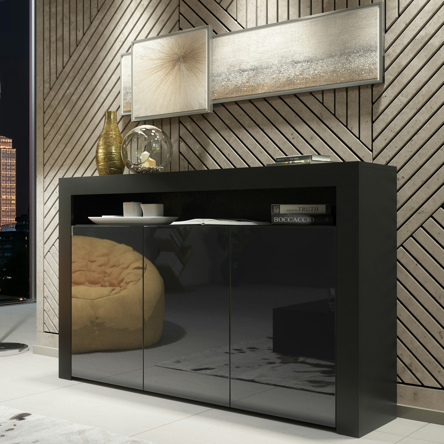 Rackhams Black Modern Sideboard 155Cm – Matt Body With Gloss Doors - 155 Cm - Mdf/Chipboard - 1
