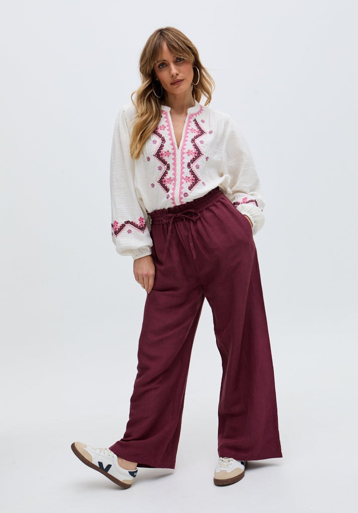 Raffya Burgundy Paulina Wide Leg Trouser In - Size 14