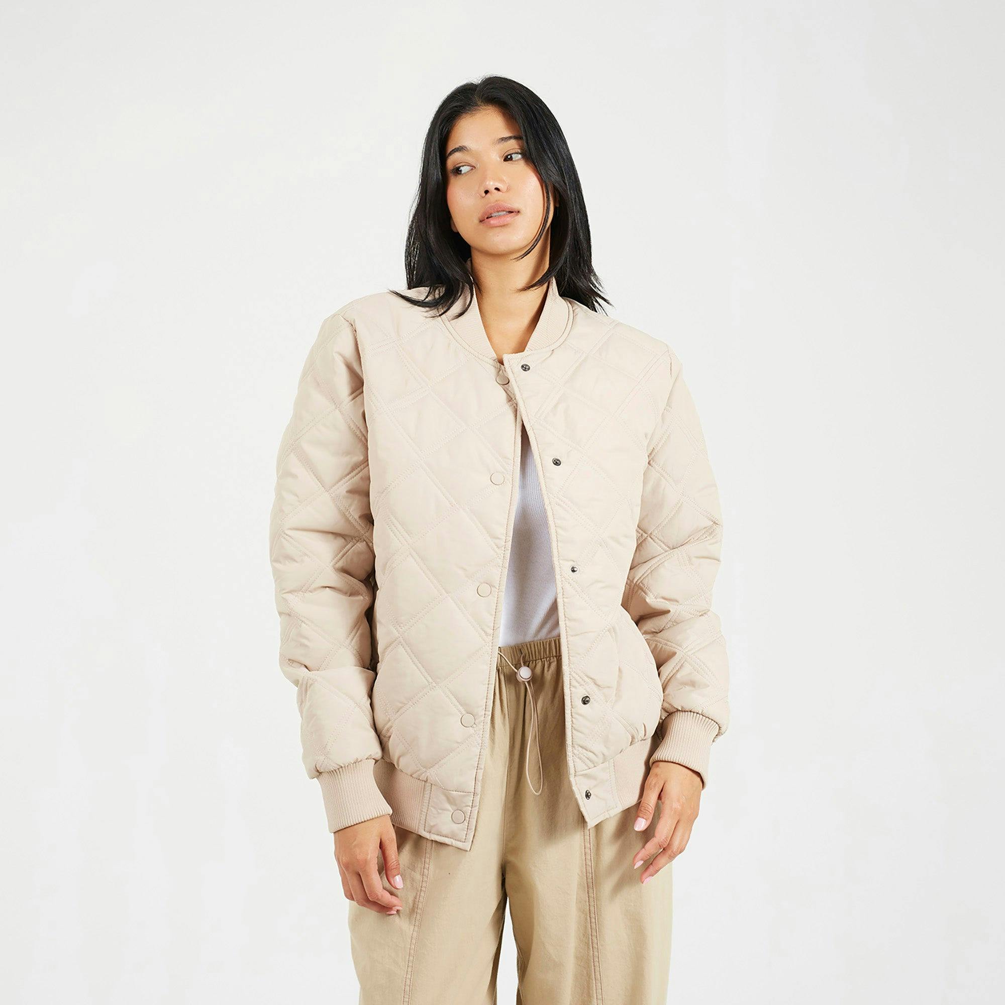 Brave Soul Quilted Bomber Jacket - Stone - Stone - 14