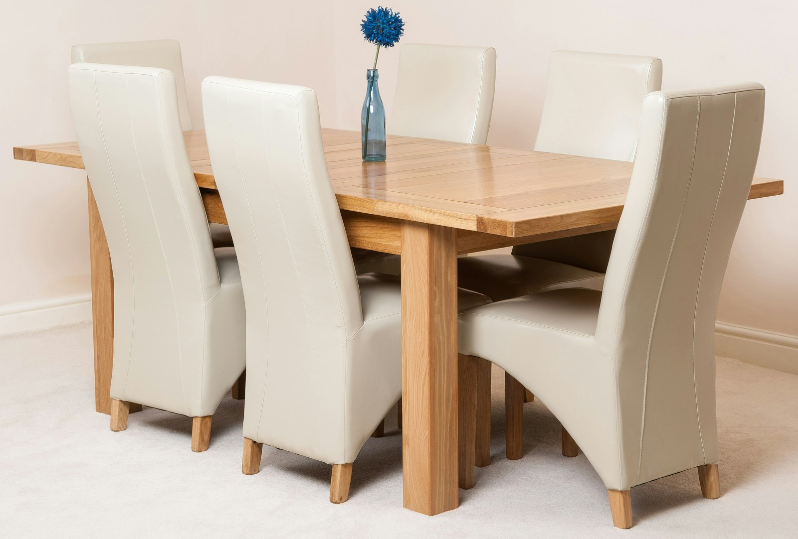 Rackhams Ivory Seattle Oak Extending Dining Table With Lola Leather Chairs - 6 Chairs