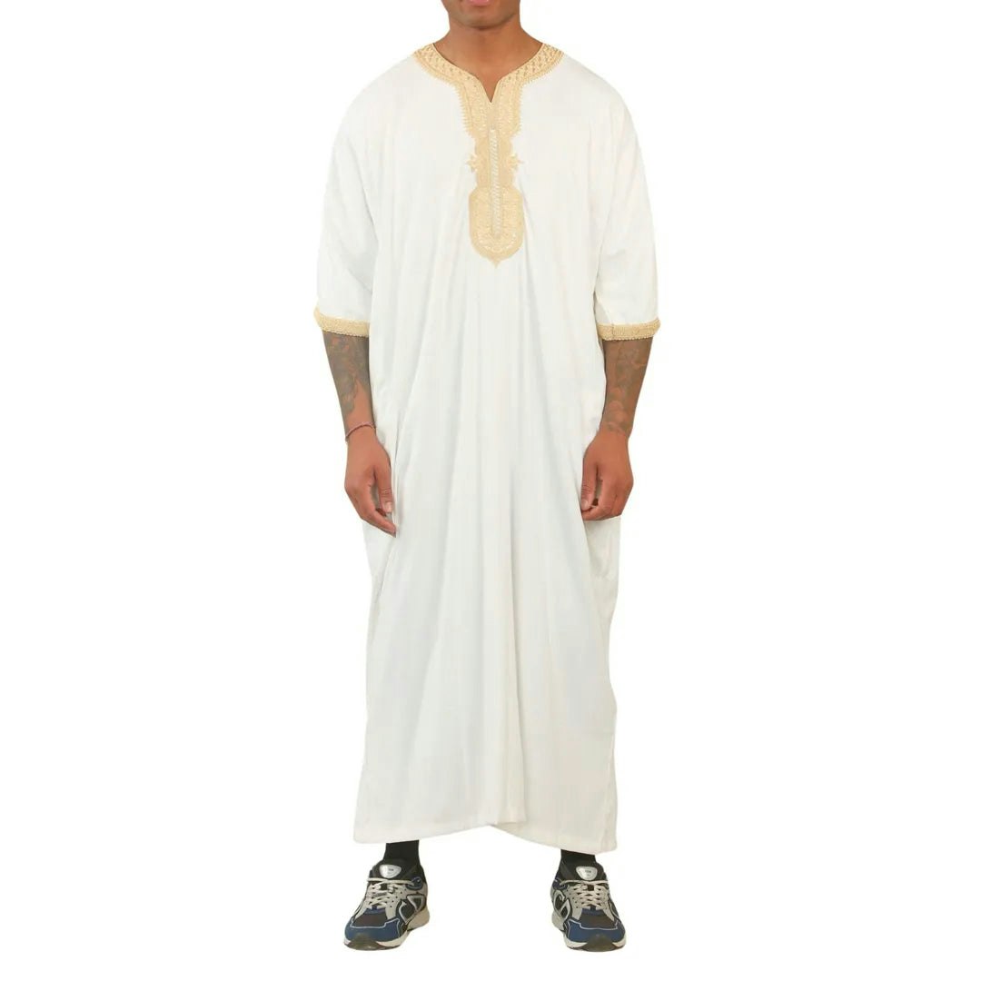 Thobez Men's White Hm62 - Moroccan Thobe Short Sleeve Embroidery Gandoura - 60
