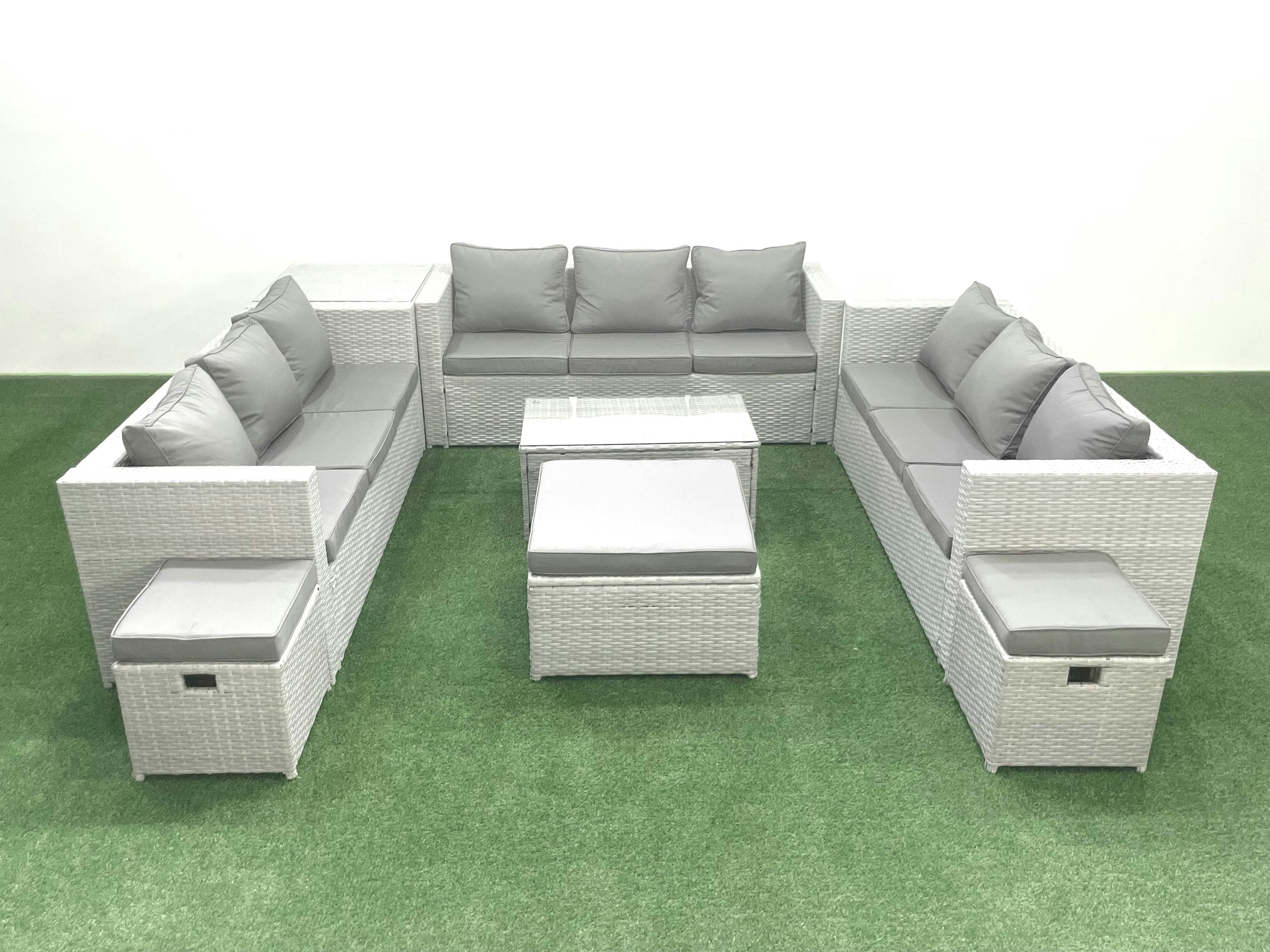 Rackhams Light/Grey Rattan Garden Outdoor Furniture Set 12 Seater Garden Sofa Coffee Table Set With 3 Footstools Side Table Mixed