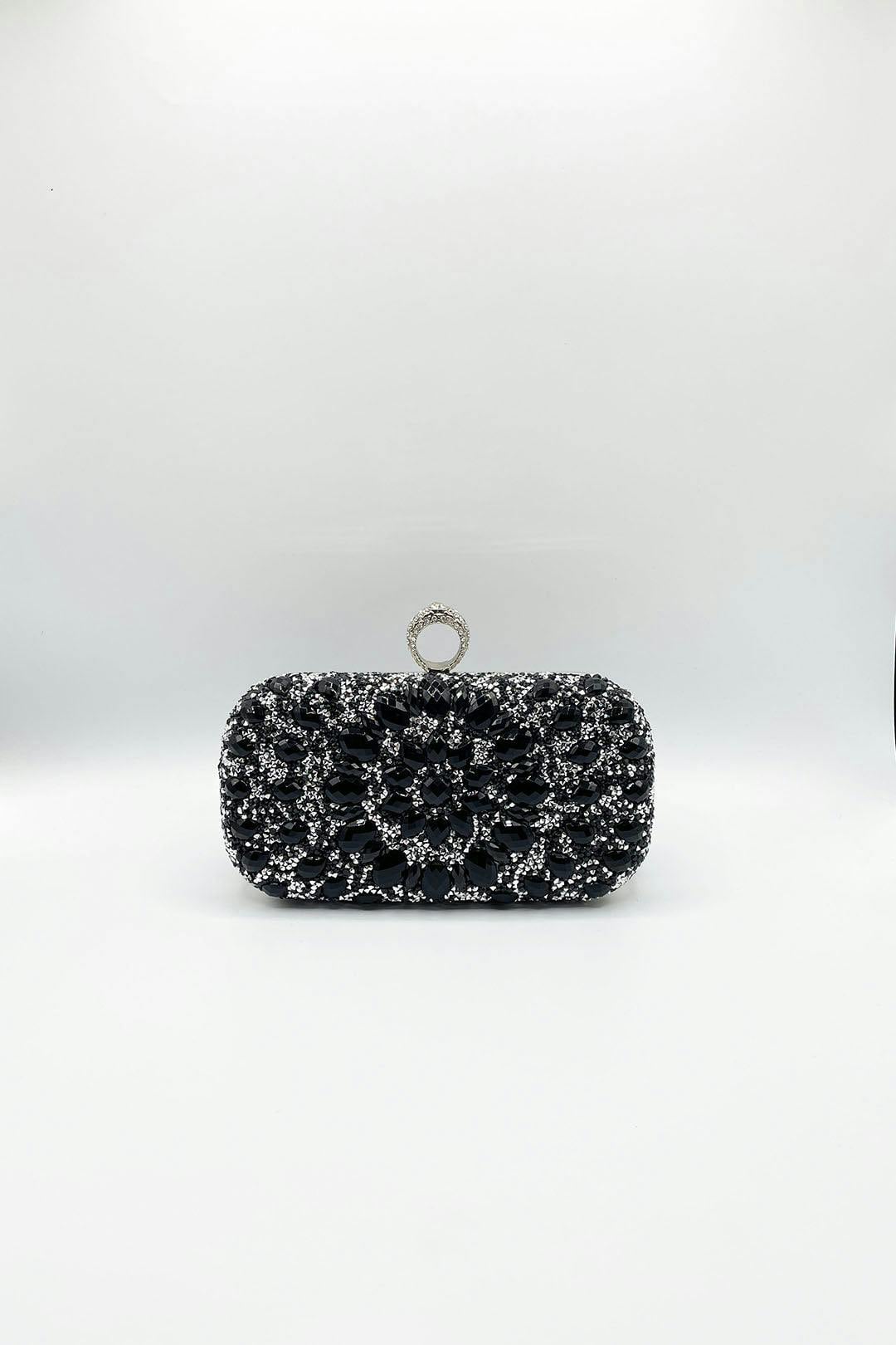 SVNX Women's Rhinestone Ring Clasp Clutch Bag in Black - Image 3