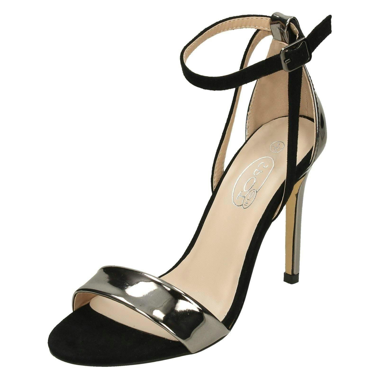 Spot On Women's Black High Heel Ankle Strap Sandals - Pewter/ - Uk 7