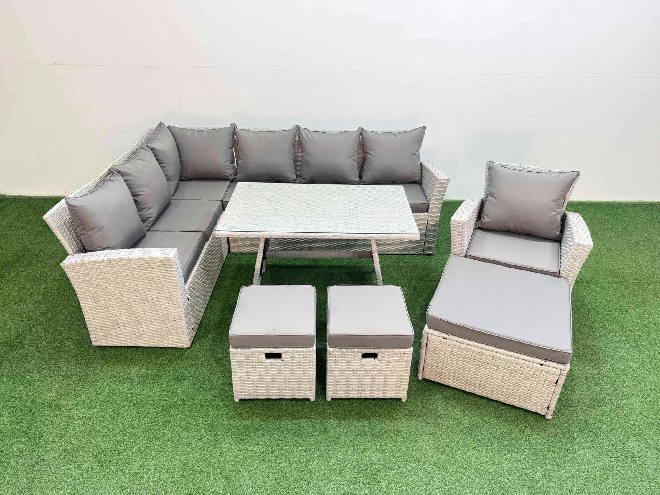 Rackhams Light/Grey Garden Outdoor Rattan Furniture Set Rattan Corner Sofa Oblong Dining Table With Armchair 3 Footstools Mixed 10 Seater