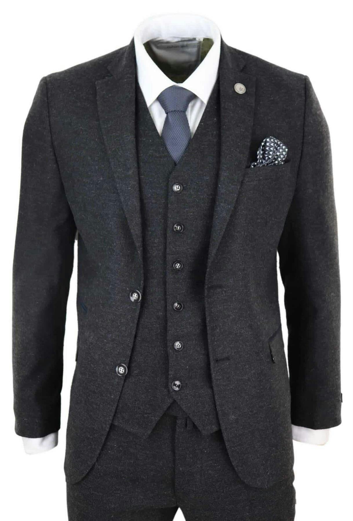 Truclothing Men's Black 3 Piece Wool Tweed Vintage Retro Suit - 44" Jacket 38" Trousers