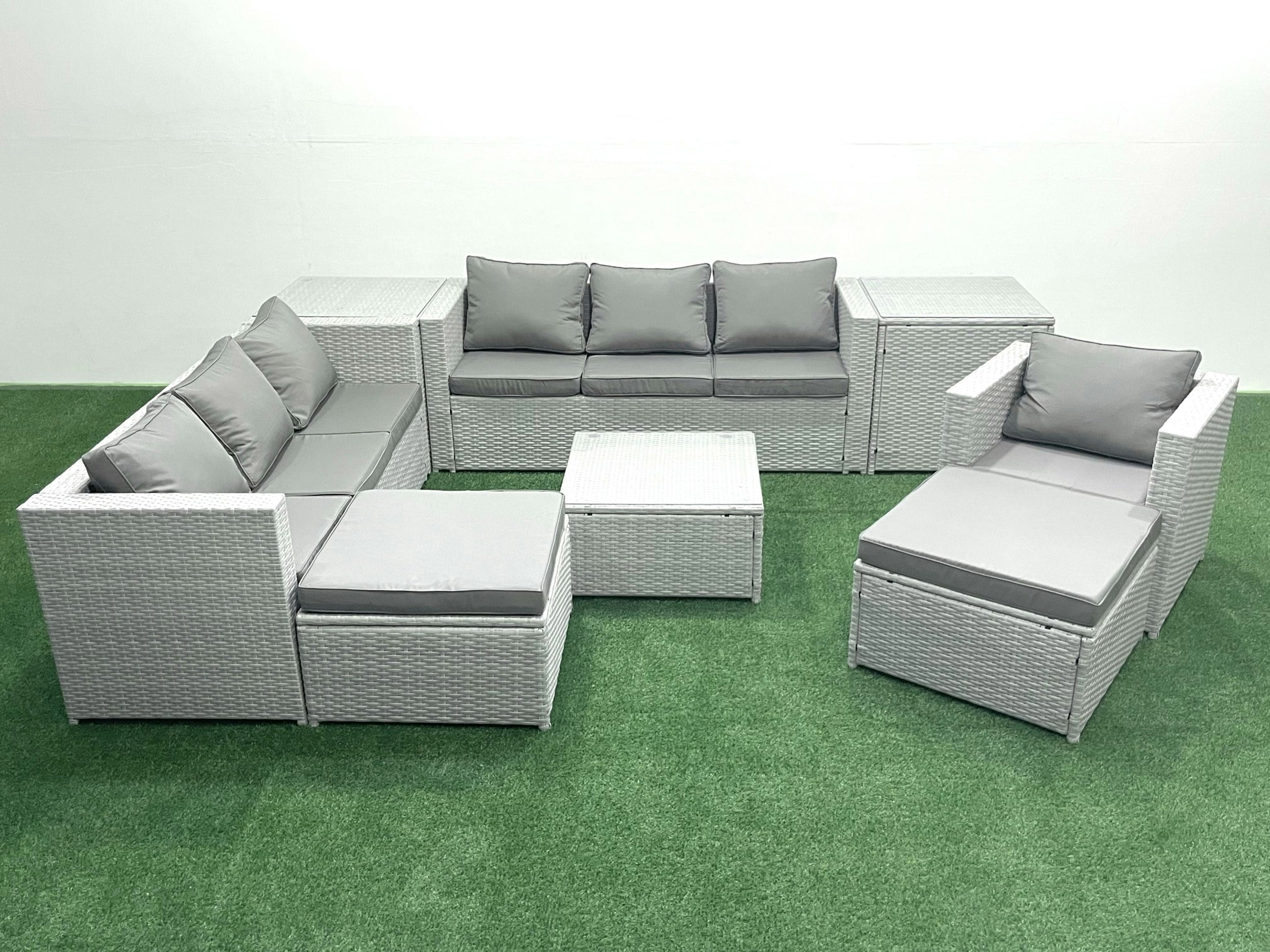 Fimous Light/Grey Wicker Pe Rattan Sofa Garden Furniture Set With Armchair Square Coffee Table 2 Big Footstools 2 Side Tables Mixed