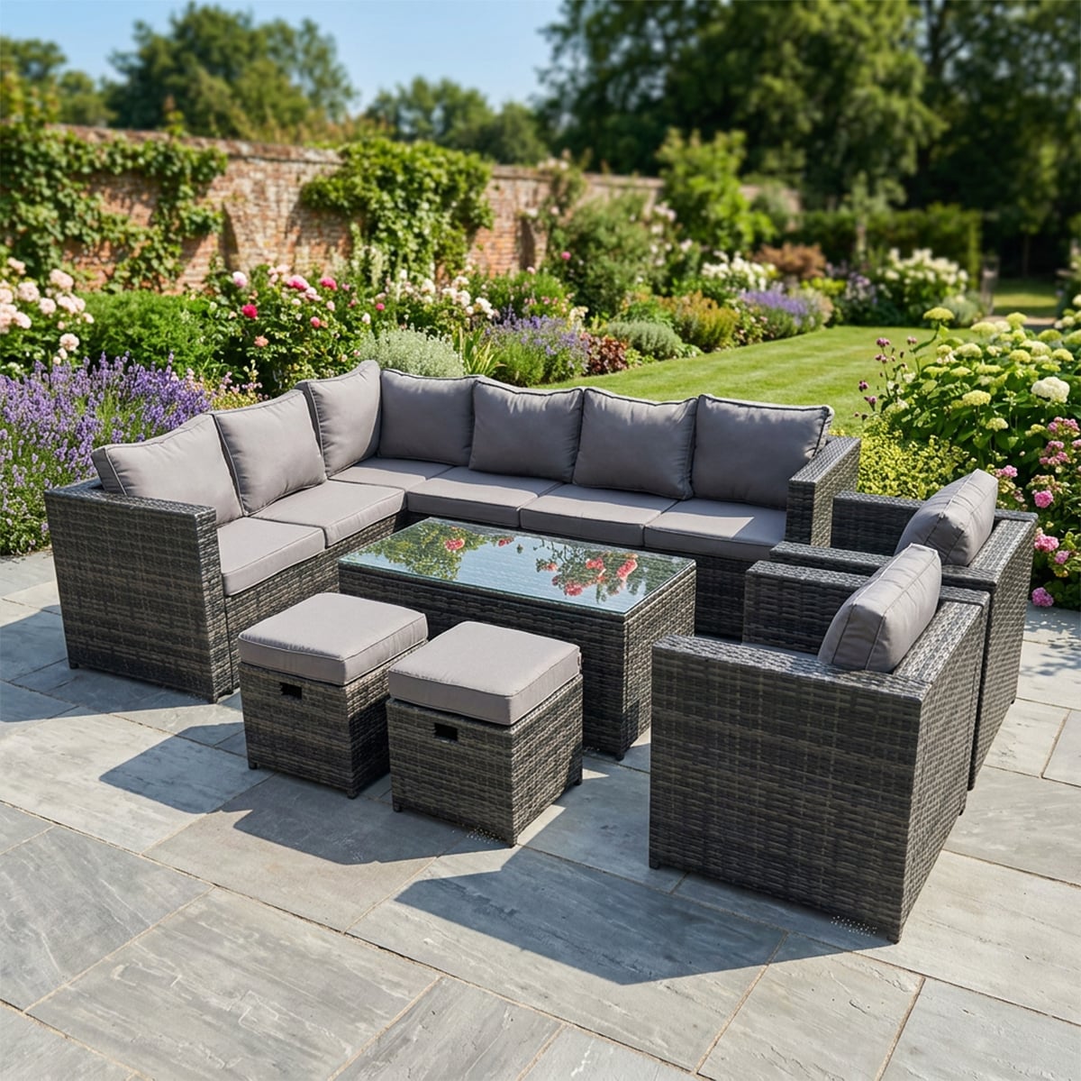 Fimous Dark/Grey 10 Seater Rattan Corner Sofa Lounge Sofa Set With Rectangular Coffee Table 2 Stool Mixed Left Hand