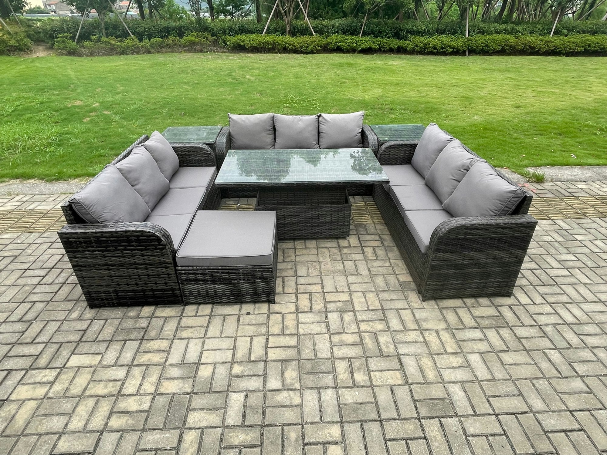Fimous Dark/Grey Mixed Rattan Outdoor Lounge Set - Height Adjustable Lifting Table, 2 Side Tables & Big Footstool