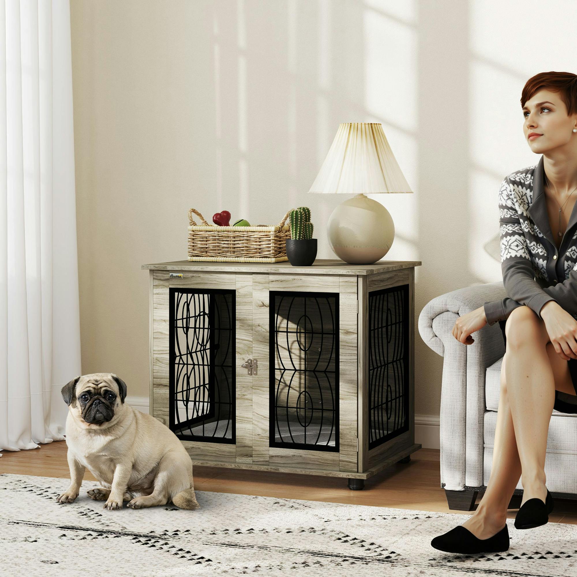 PawHut Dog Crate Furniture - End Table - Medium Dog Crate - Grey Wood-Effect - Washable Cushion - Image 3