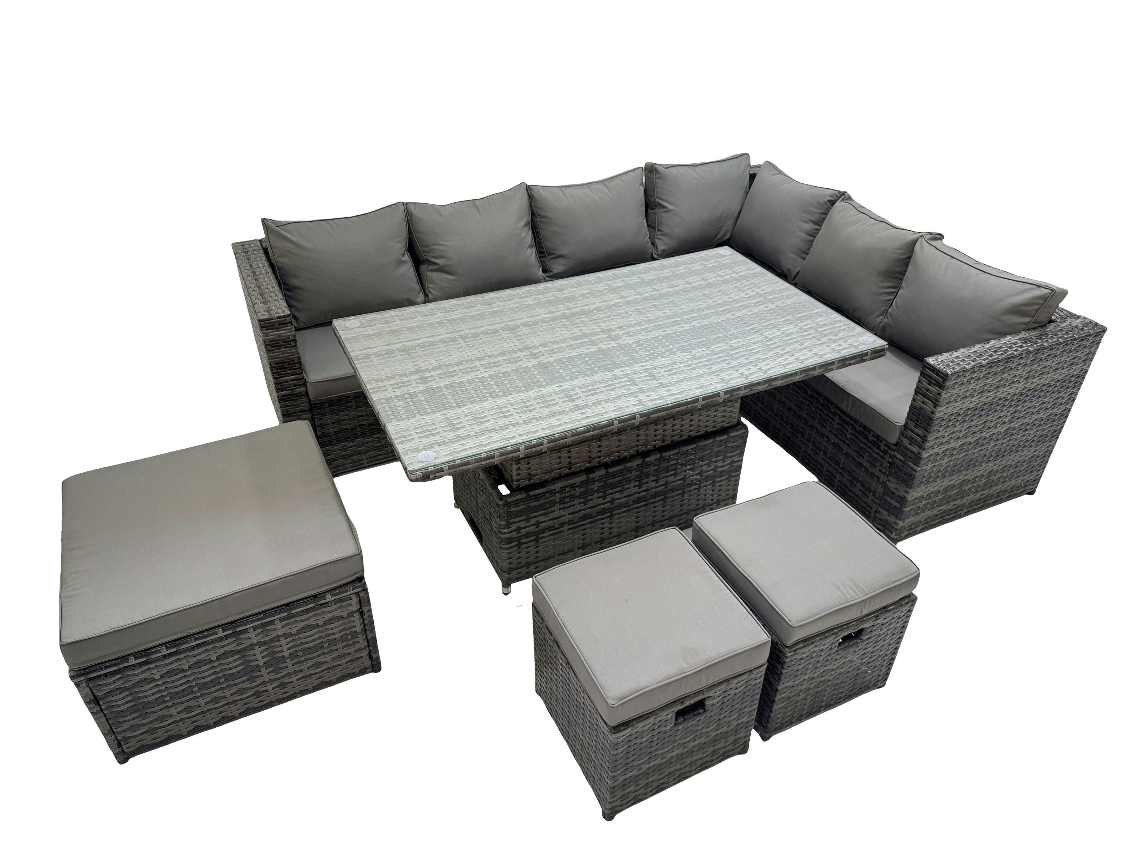 Fimous Dark/Grey 9 Seater Rattan Height Adjustable Rising Lifting Table Corner Sofa Sets With 3 Footstools Mixed