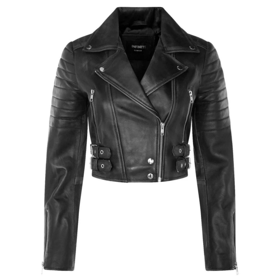 Infinity Leather Women's Black Real Leather Short Cropped Length Biker Jacket - Uk 20