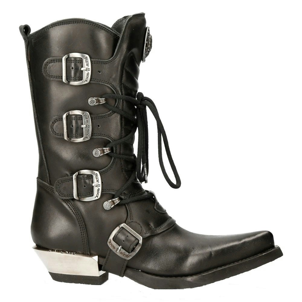 New Rock Men's Black M-7993-S1 Western Cowboy Boots Leather Buckle Heavy Biker Shoes - Eu 42