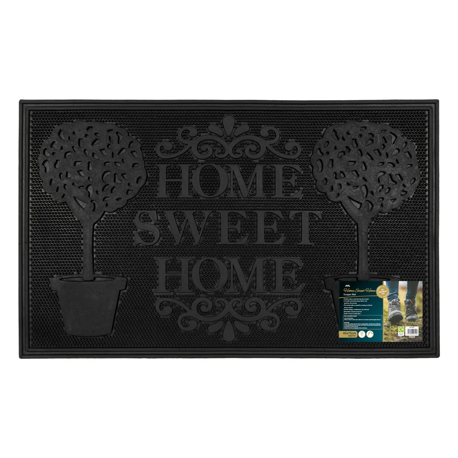 Rackhams Black Home Sweet Home Scraper Rubber Pin Doormat, 45X75cm,