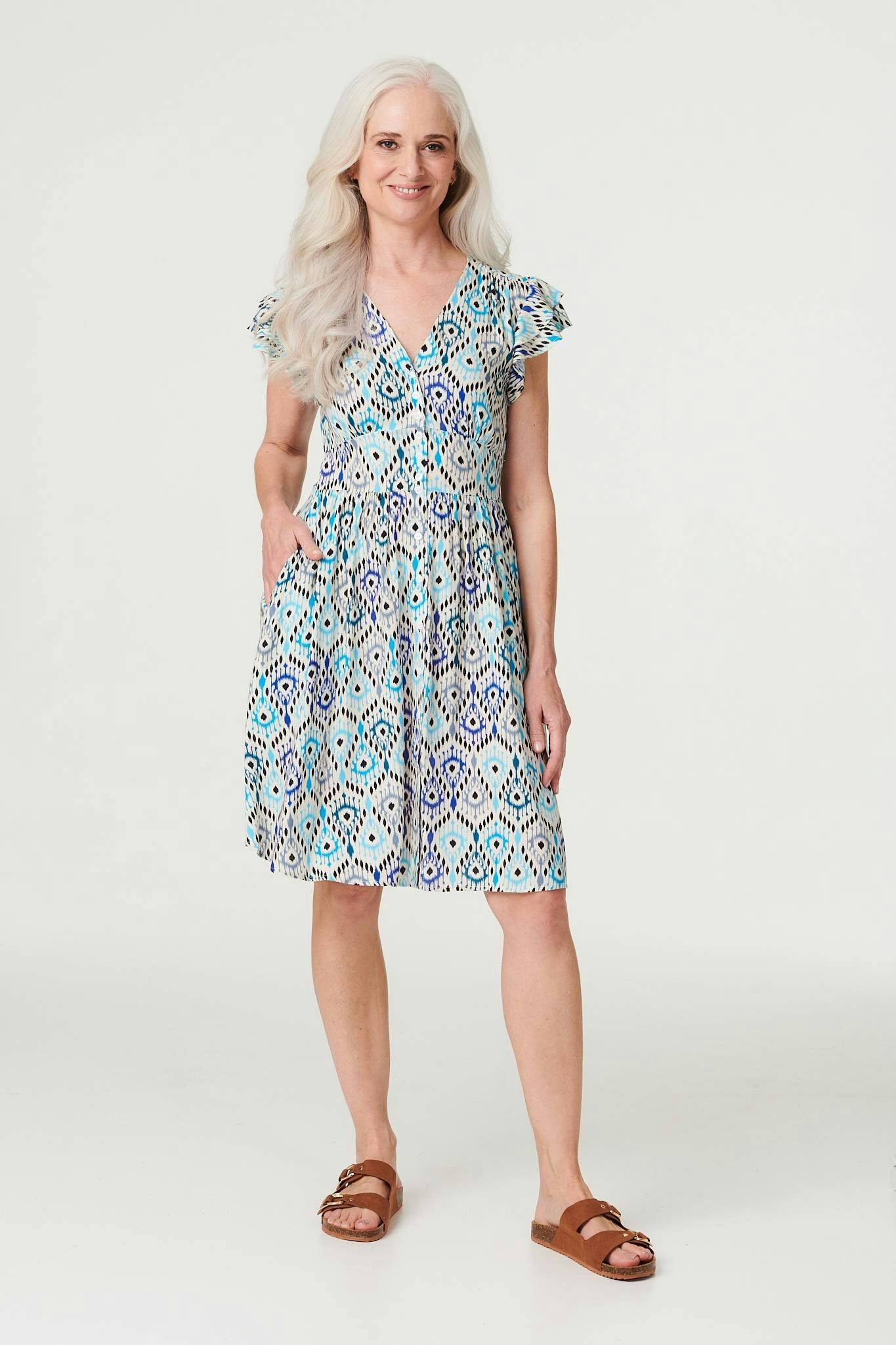 Izabel London Green Printed Frill Sleeve Short Dress - 14