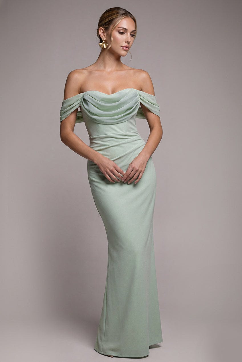 Goddiva Green Bardot Scuba & Chiffon Cowl Maxi Dress - Sage By - Sage - 20