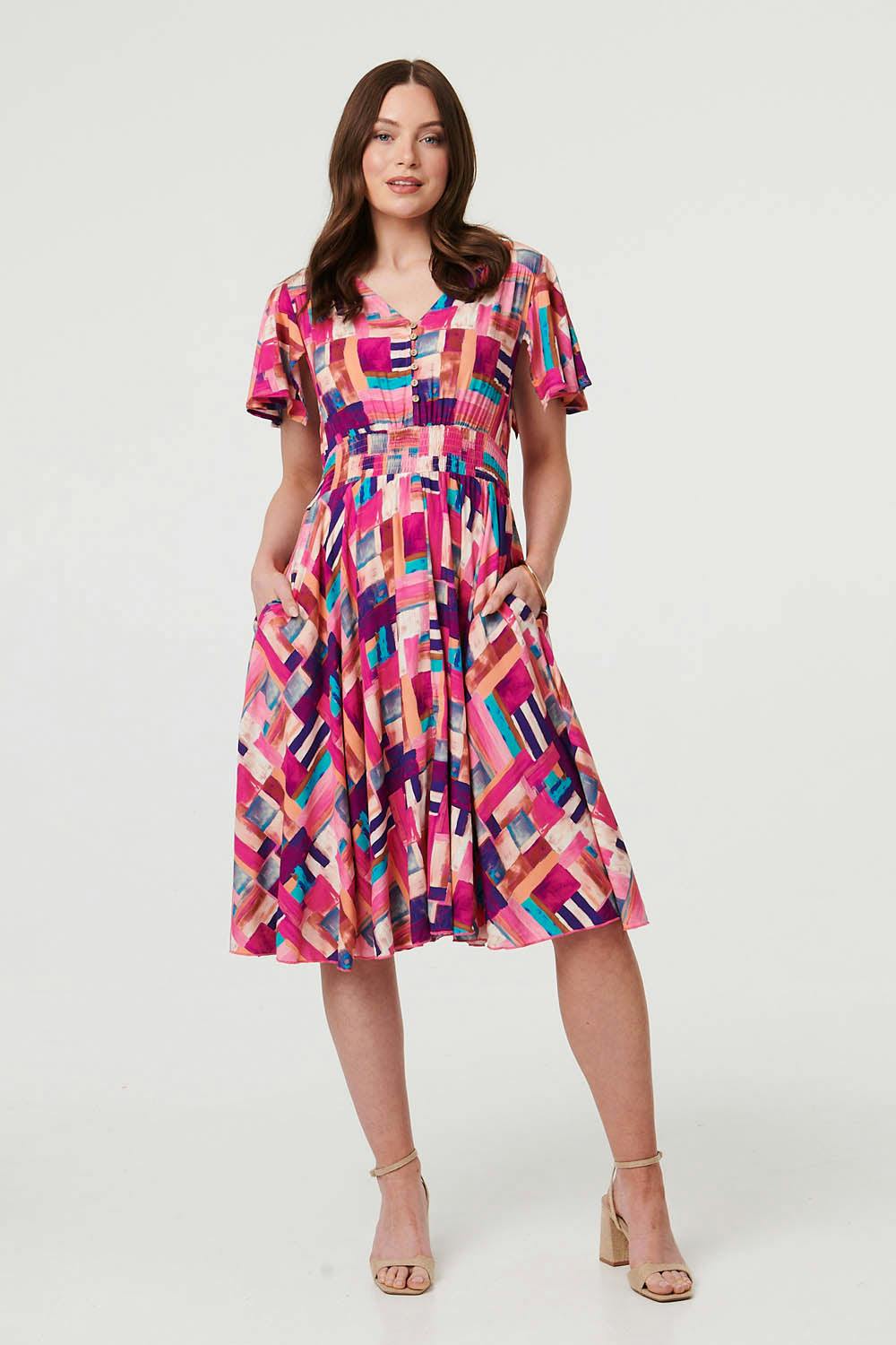 Izabel London Pink Geo Print Angel Sleeve Midi Dress - 18