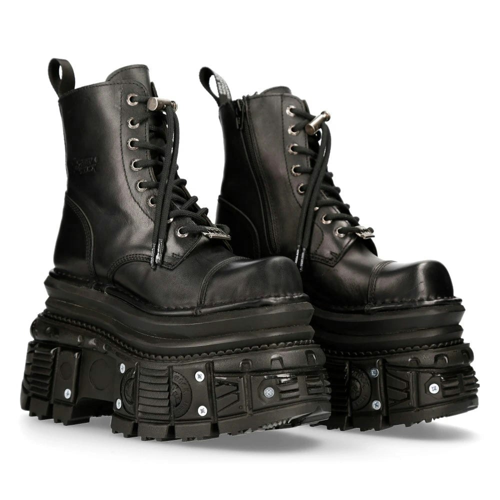 New Rock Unisex Black Mili083cct-C4 Metallic Leather Military Boots Punk Goth Rock - Eu 37