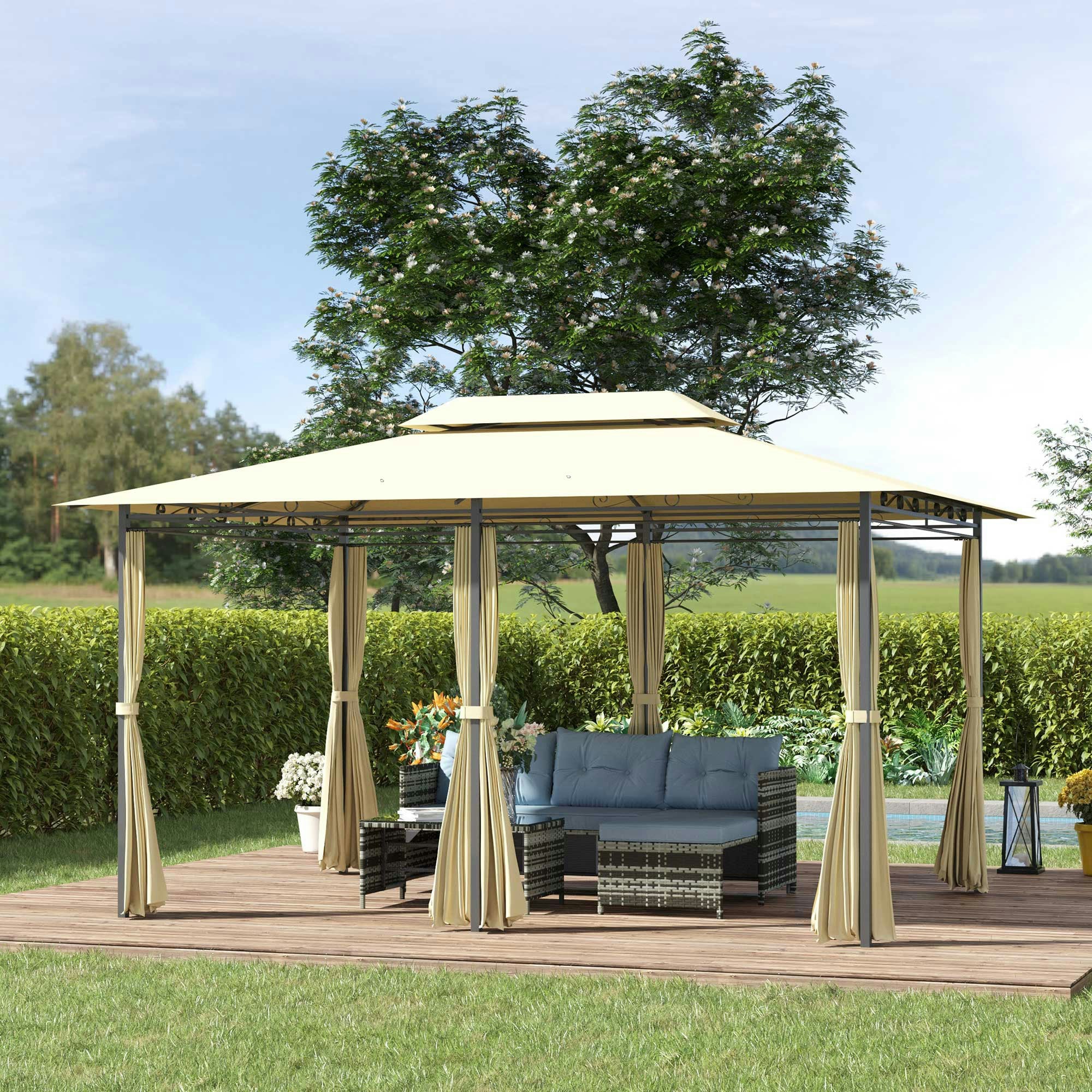 Outsunny 4M X 3(M) Outdoor 2-Tier Steel Frame Gazebo W/ Curtains Outdoor Garden