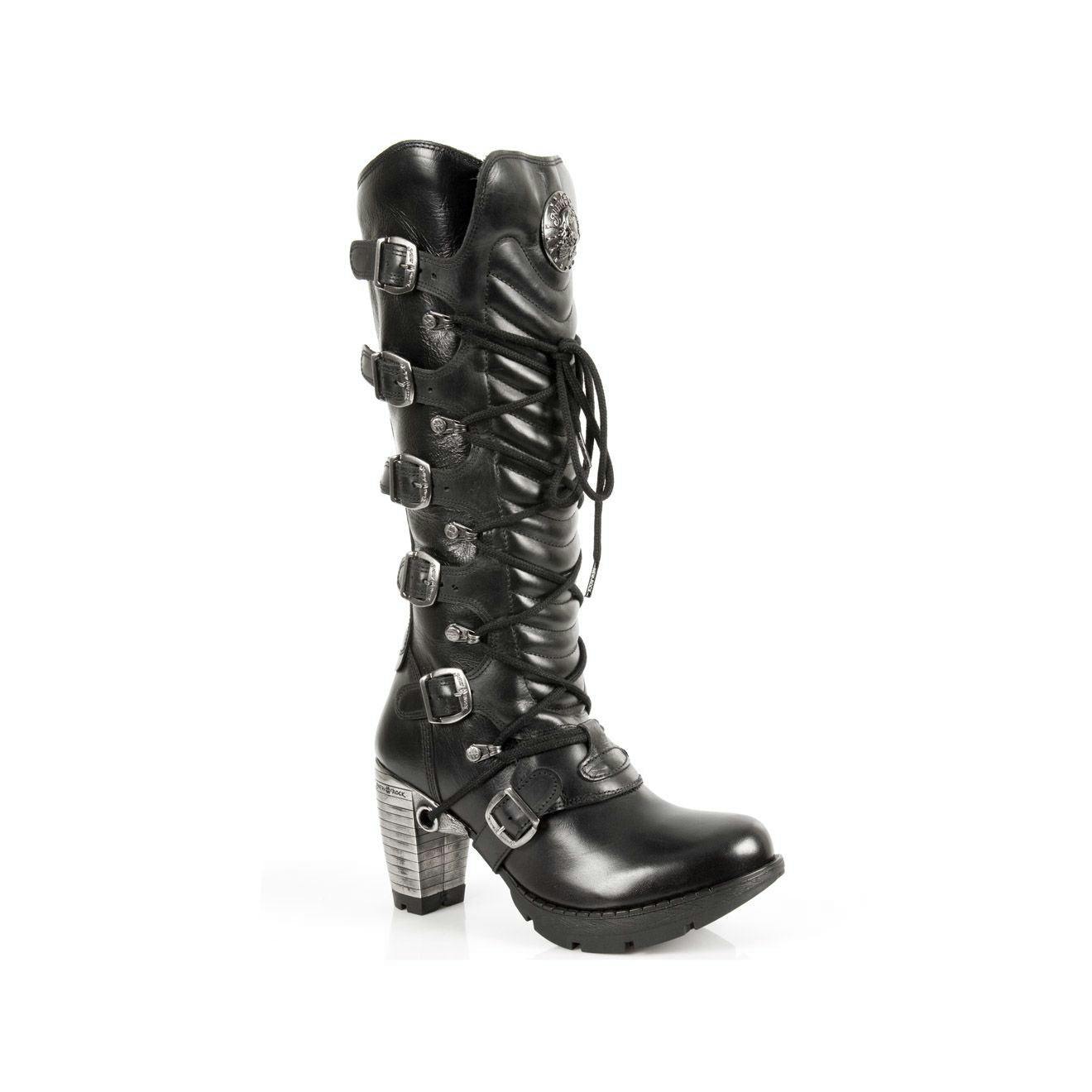 New Rock Women's Black Buckle Laced Knee-High Boots- Tr004-S1 - Uk 8 | Eu 42 | Us 10
