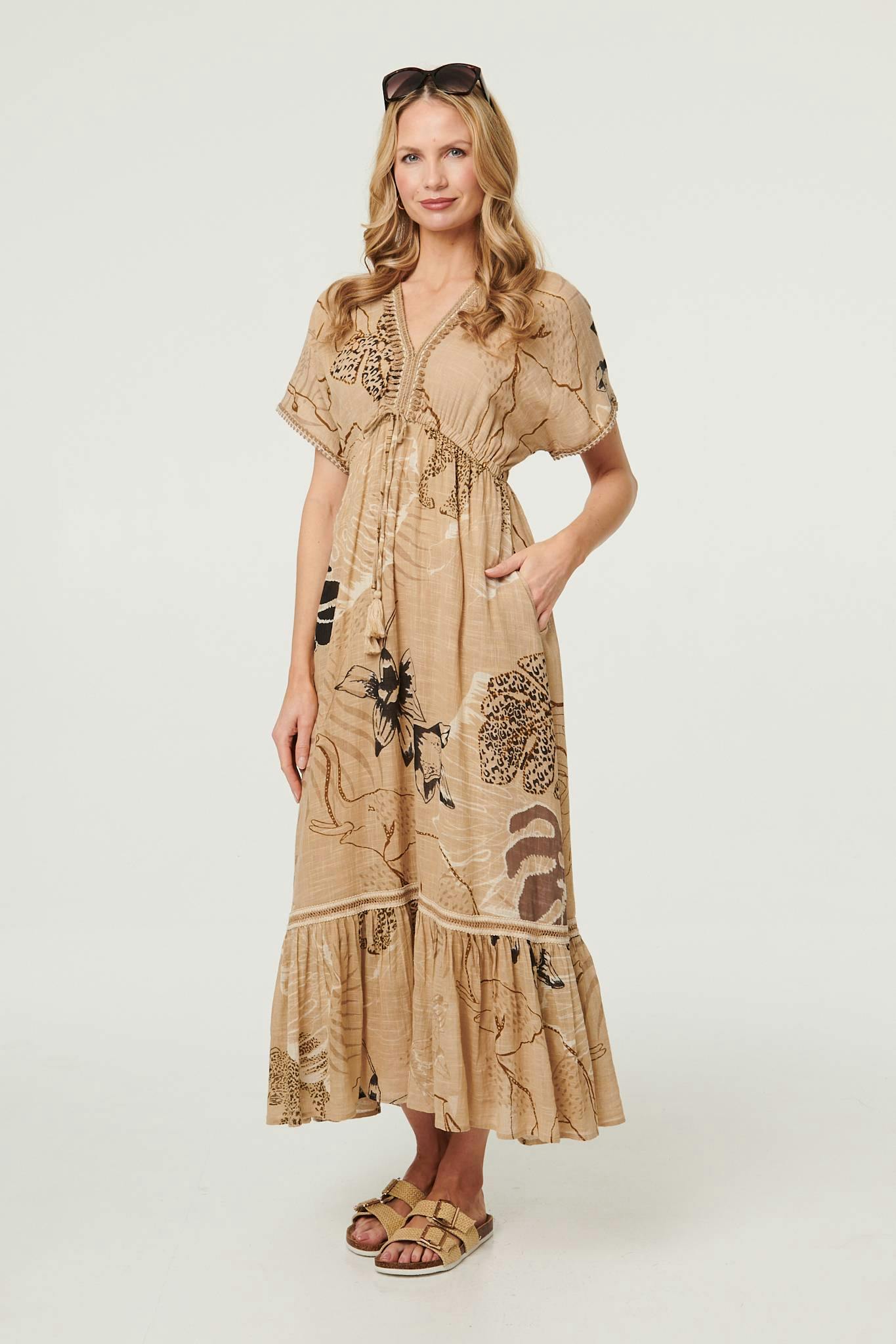 Izabel London Beige Printed Short Sleeve Empire Maxi Dress - 8