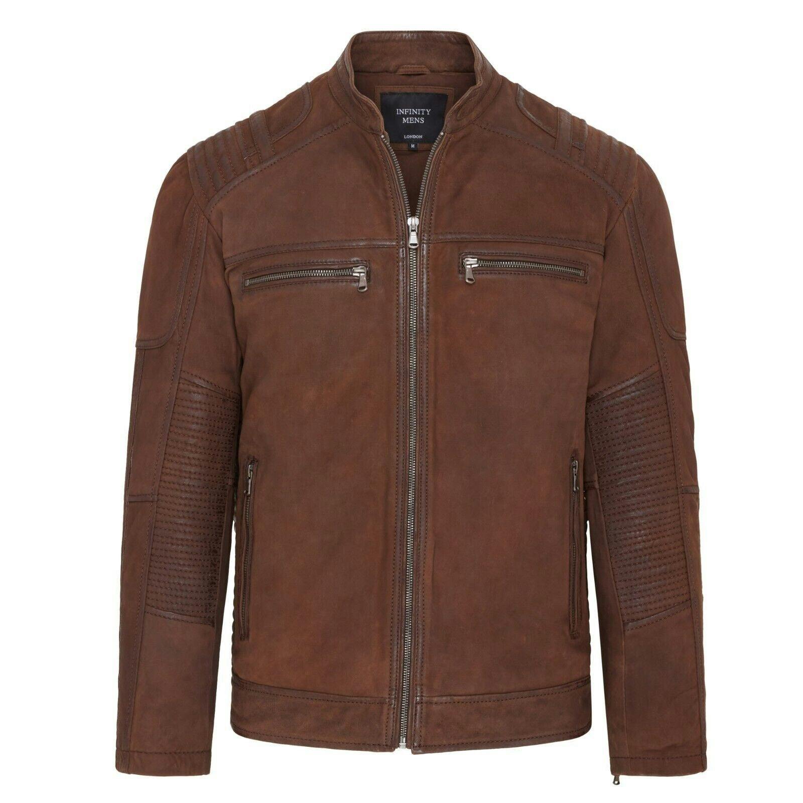 Infinity Leather Men's Brown Buff Leather Cafe Racer Biker Jacket - Jinan - Uk Xs | Eu 44 | Us 34