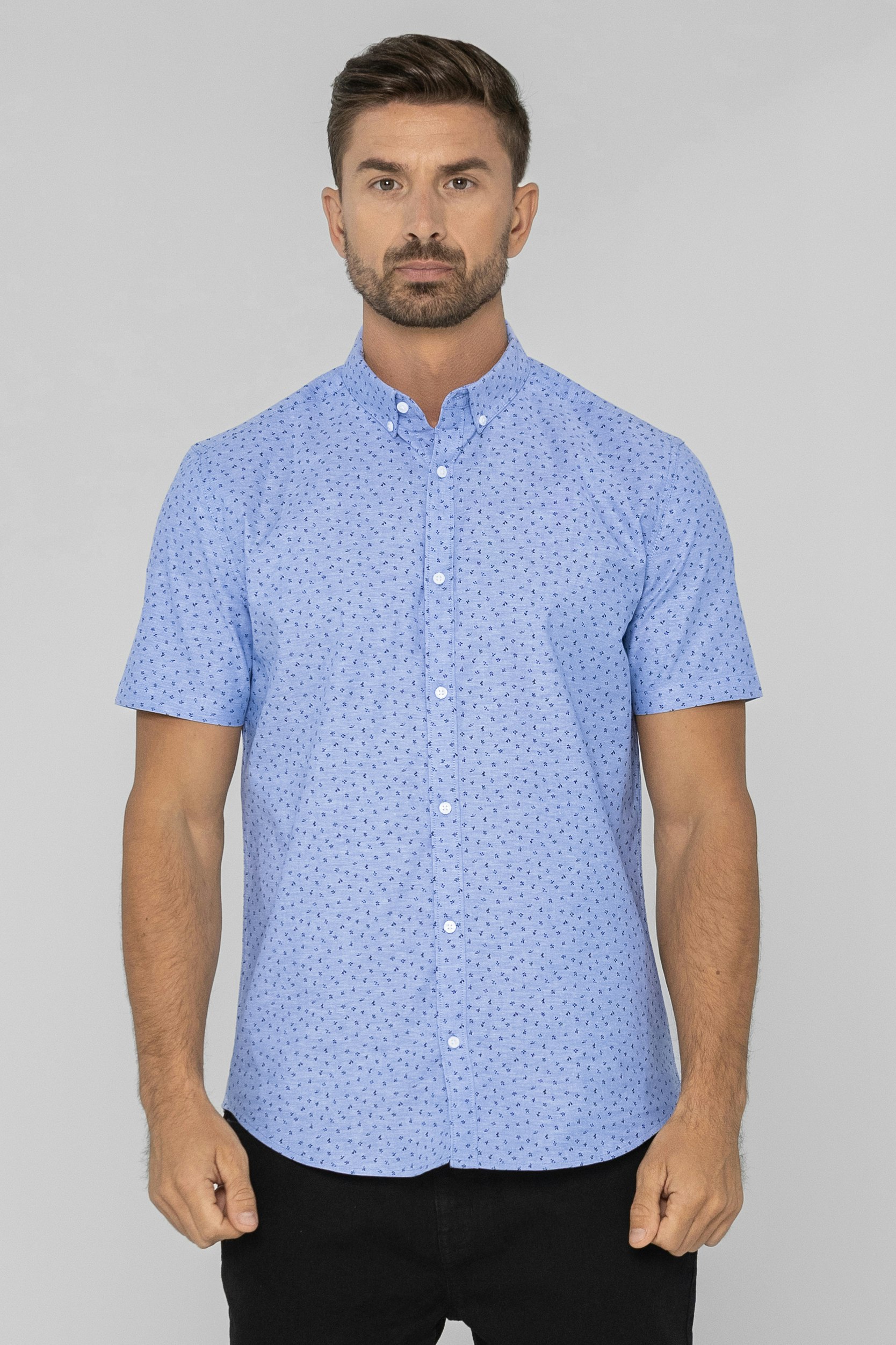 Enorsia Blue Printed Short Sleeve Shirt With Polka Dots And Comfortable Fit - Xl - 98% Bci Cotton 2% Spandex