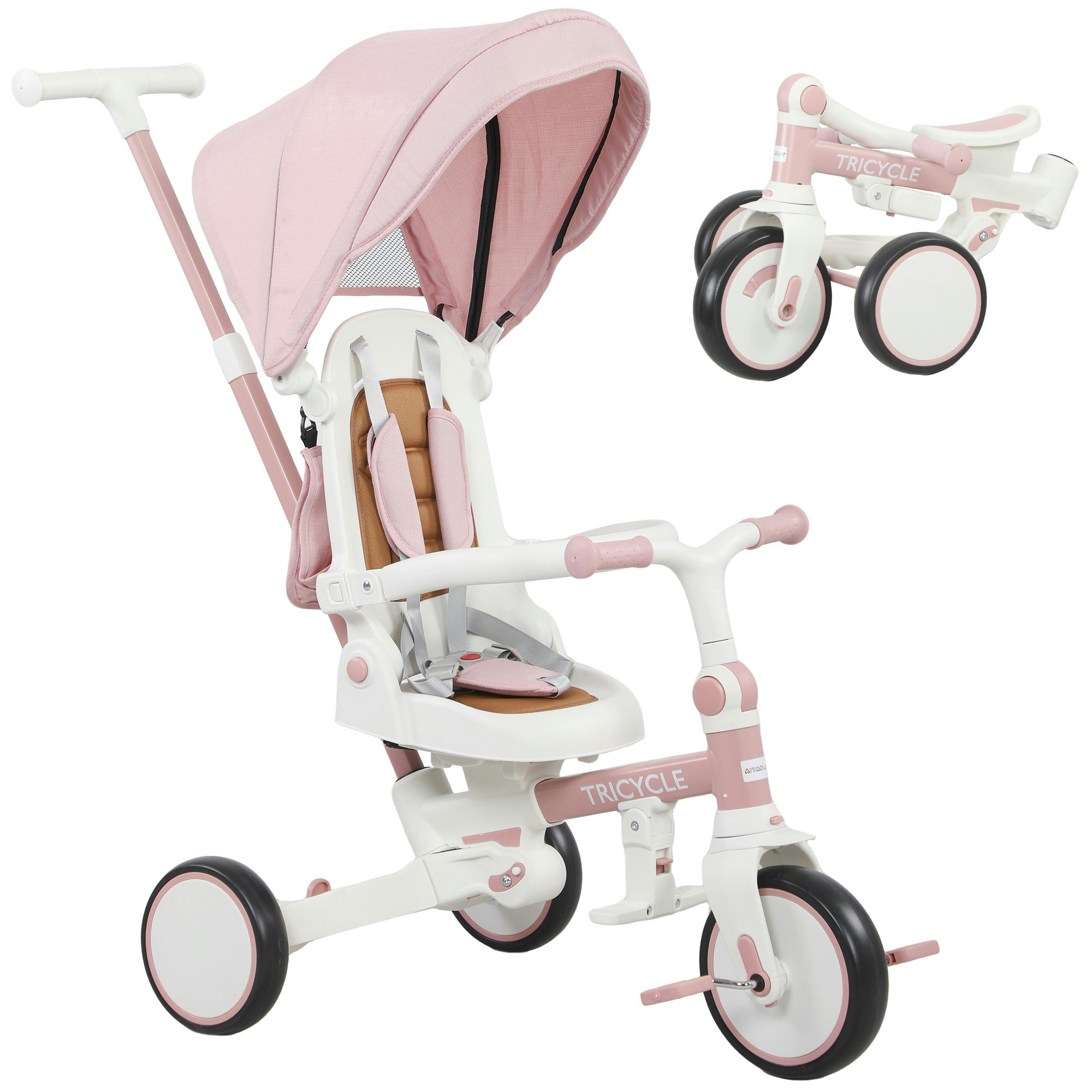 Aiyaplay Pink 5 In 1 Foldable Kids Trike, Toddler Tricycle For 1-3 Years, 5In