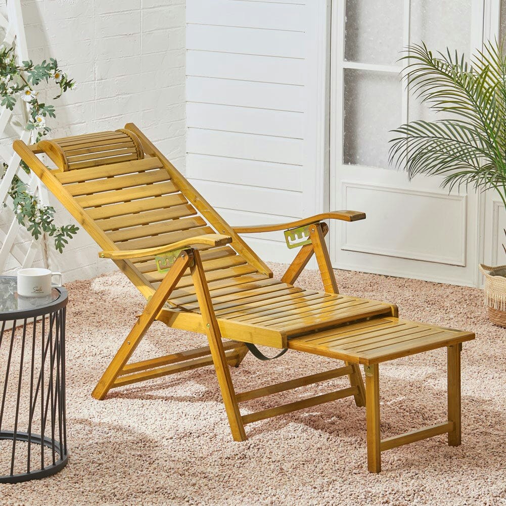 Rackhams Foldable Bamboo Recliner Lounge Chair With Retractable Footrest