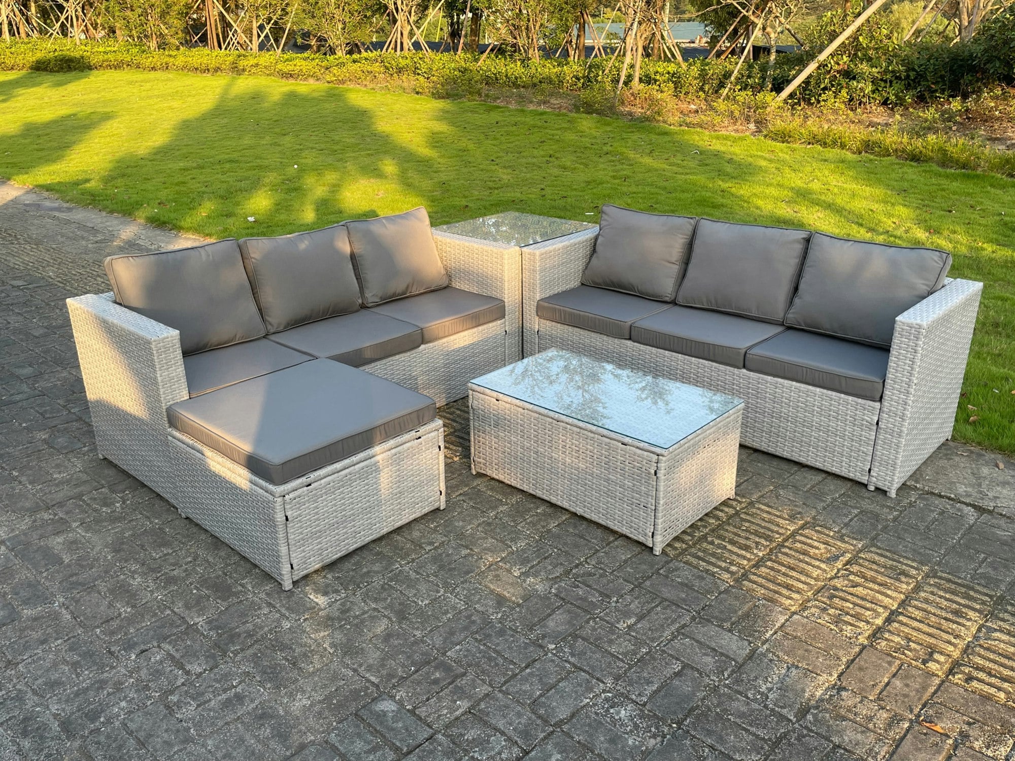 Rackhams Light/Grey Outdoor Rattan Garden Furniture Set Lounge Sofa Set 2 Coffee Table Big Footstool
